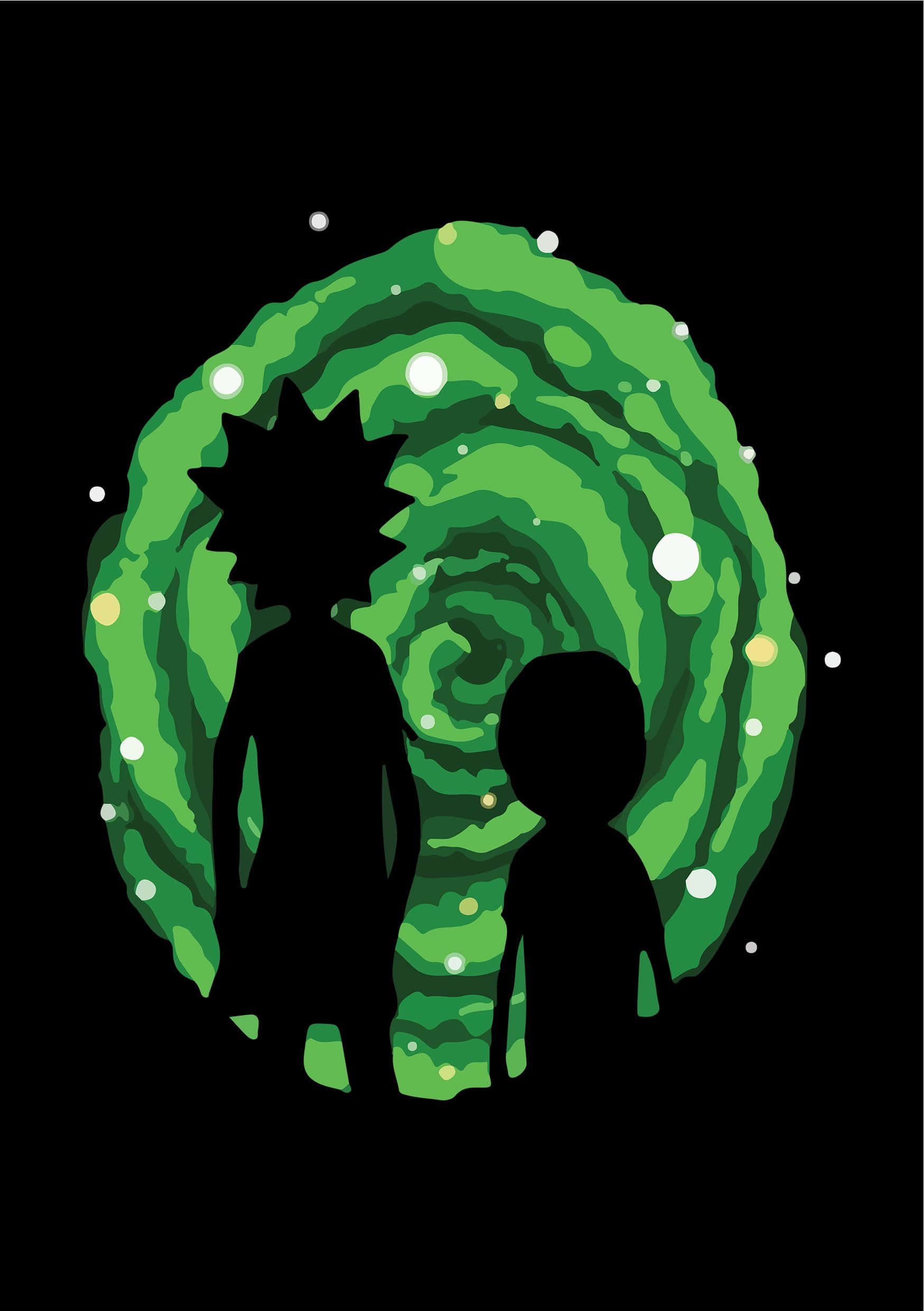 Total Rickall 桌布 壁紙 — 兩個剪影人物站在一個旋轉的綠色傳送門前，背景是點綴著發光球體的黑色虛空。