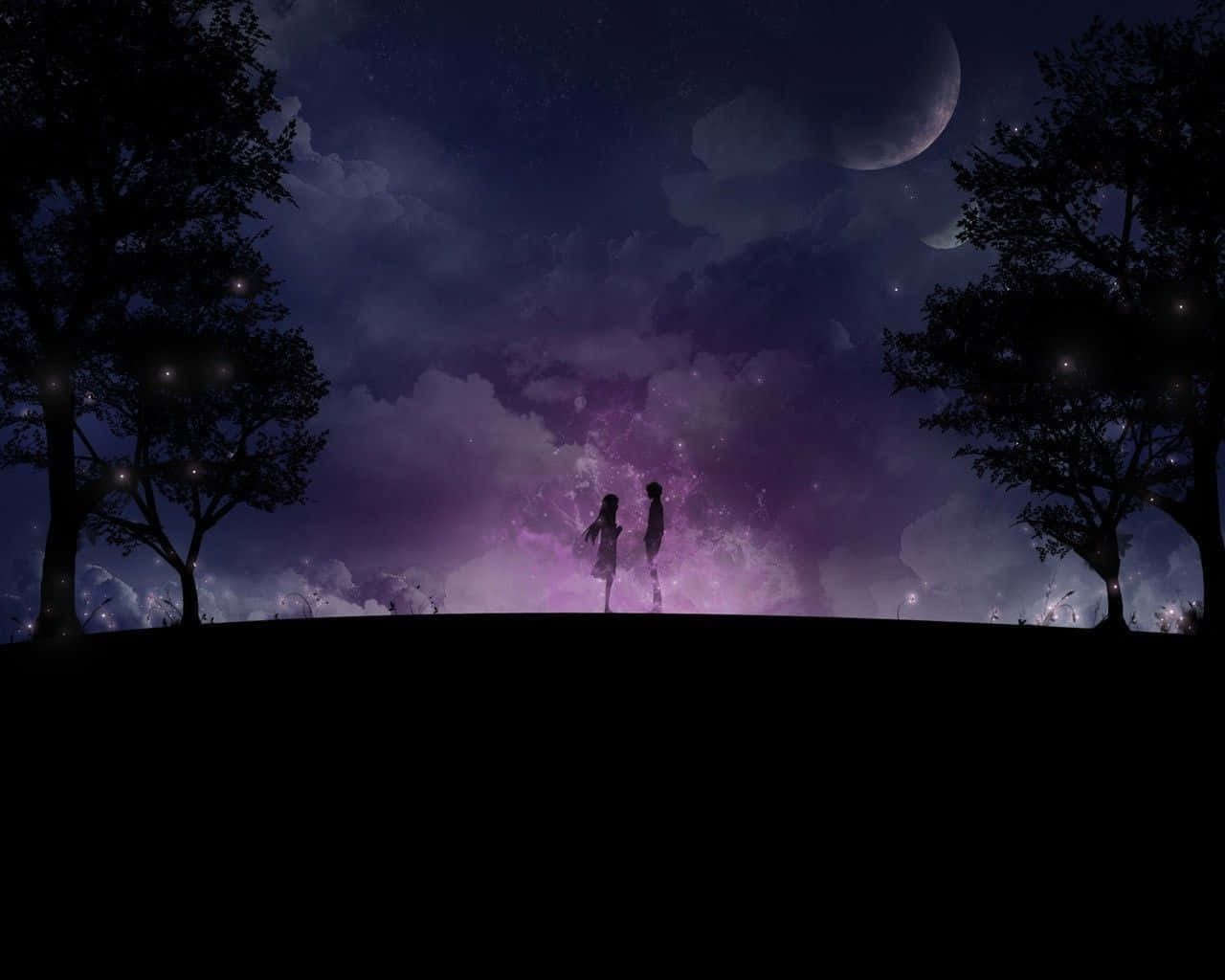 月亮與星星動畫 桌布 壁紙 — 兩個剪影人物站在山丘上，背景是繁星點點的紫色夜空，有一彎新月和發光的雲彩。