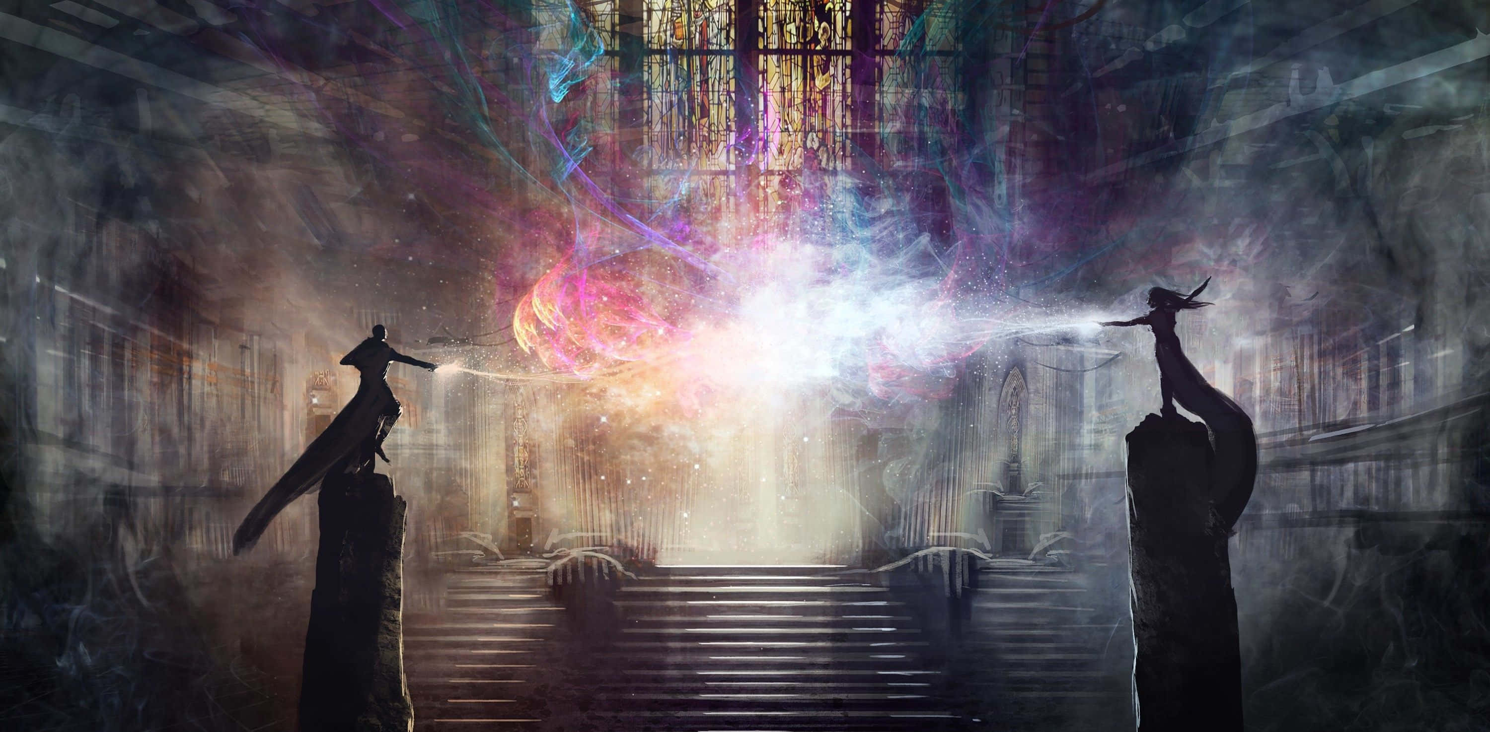  壁紙 — 兩個剪影人物站在石柱上，面對哥德式大教堂中燦爛的宇宙爆炸。