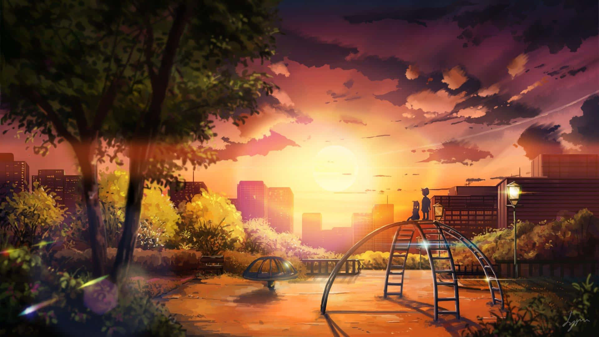 Anime Sunset 桌布 壁紙 — 兩個剪影人物站在遊樂場滑梯頂端，夕陽燦爛，將城市天際線染上溫暖的橙色和紫色調。