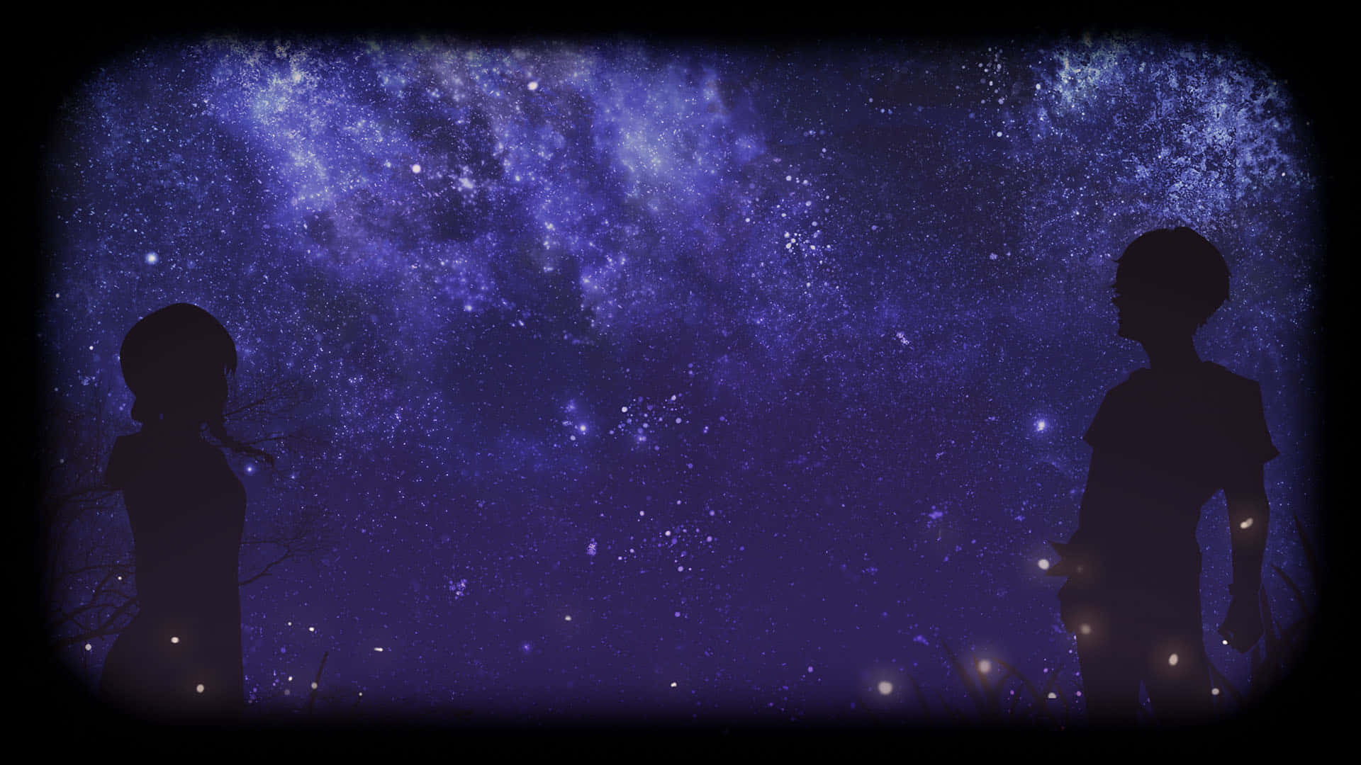 Starry Sky 桌布 壁紙 — 兩個剪影兒童站在一個充滿閃爍星星和宇宙塵埃的充滿活力的紫色星系下。