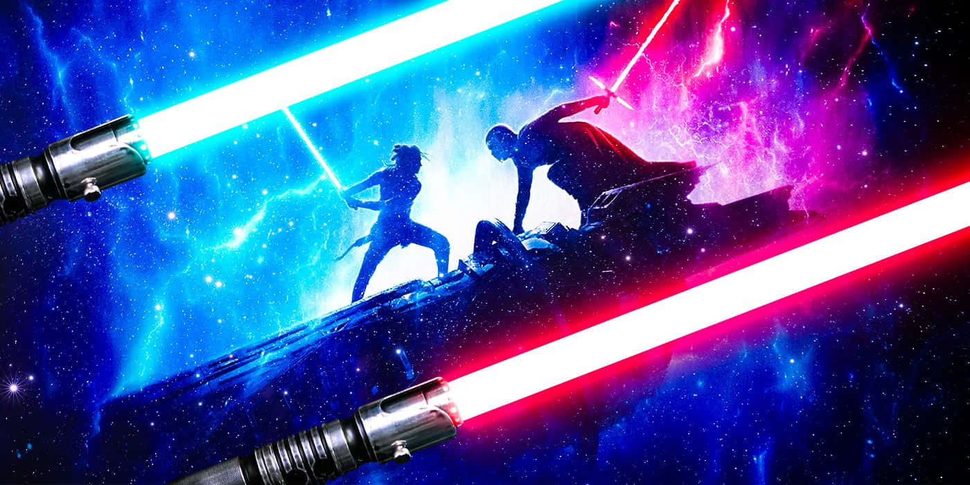 Lightsaber Duel 桌布 壁紙 — 兩個剪影戰士以藍色和紅色光劍對決，背景是宇宙星雲。