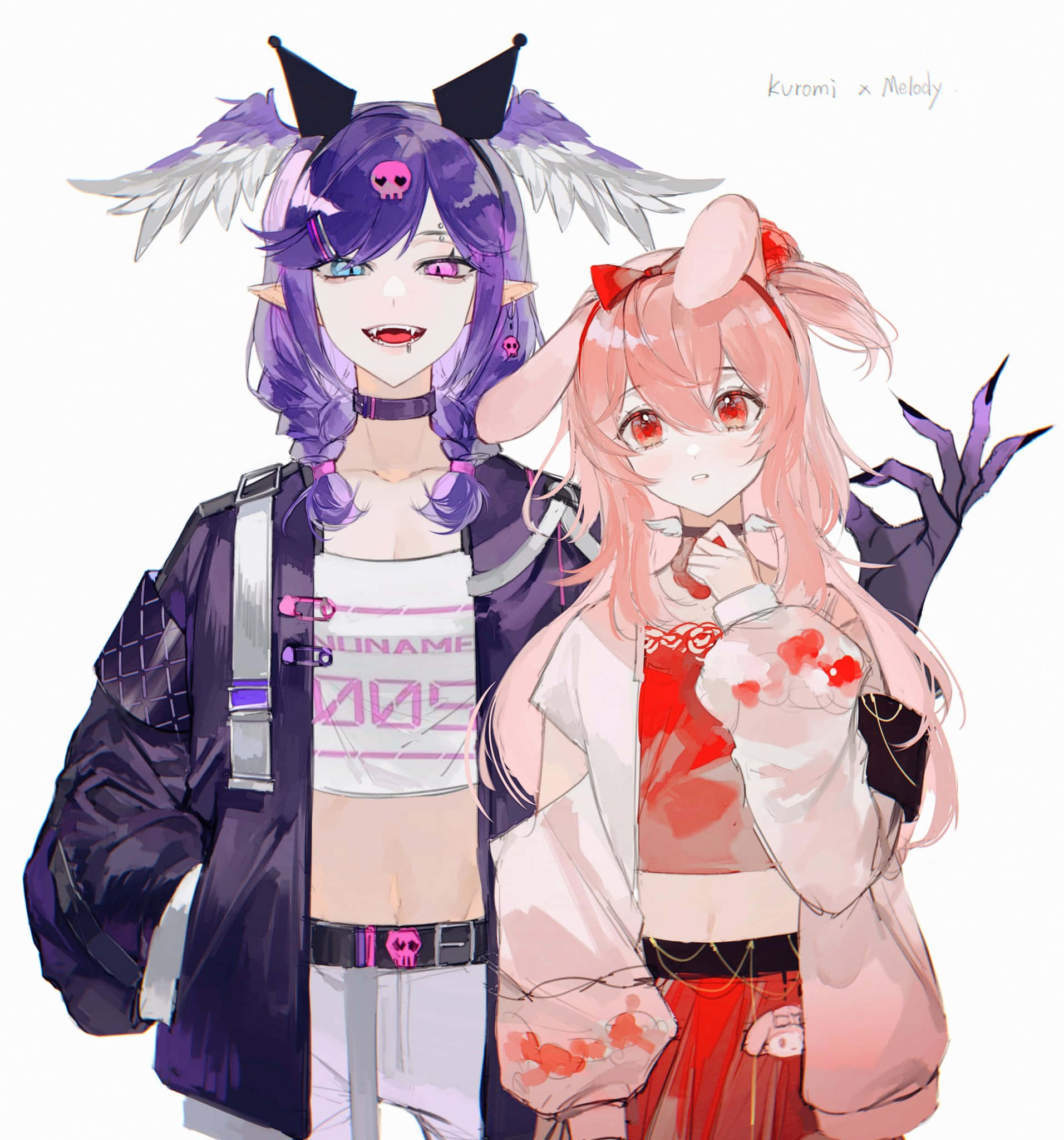 Kuromi Fanart 桌布 壁紙 — 兩個動漫女孩，一個有紫色頭髮，一個有粉紅色頭髮，戴著惡魔角和兔耳朵，在純白色背景前一起擺姿勢。