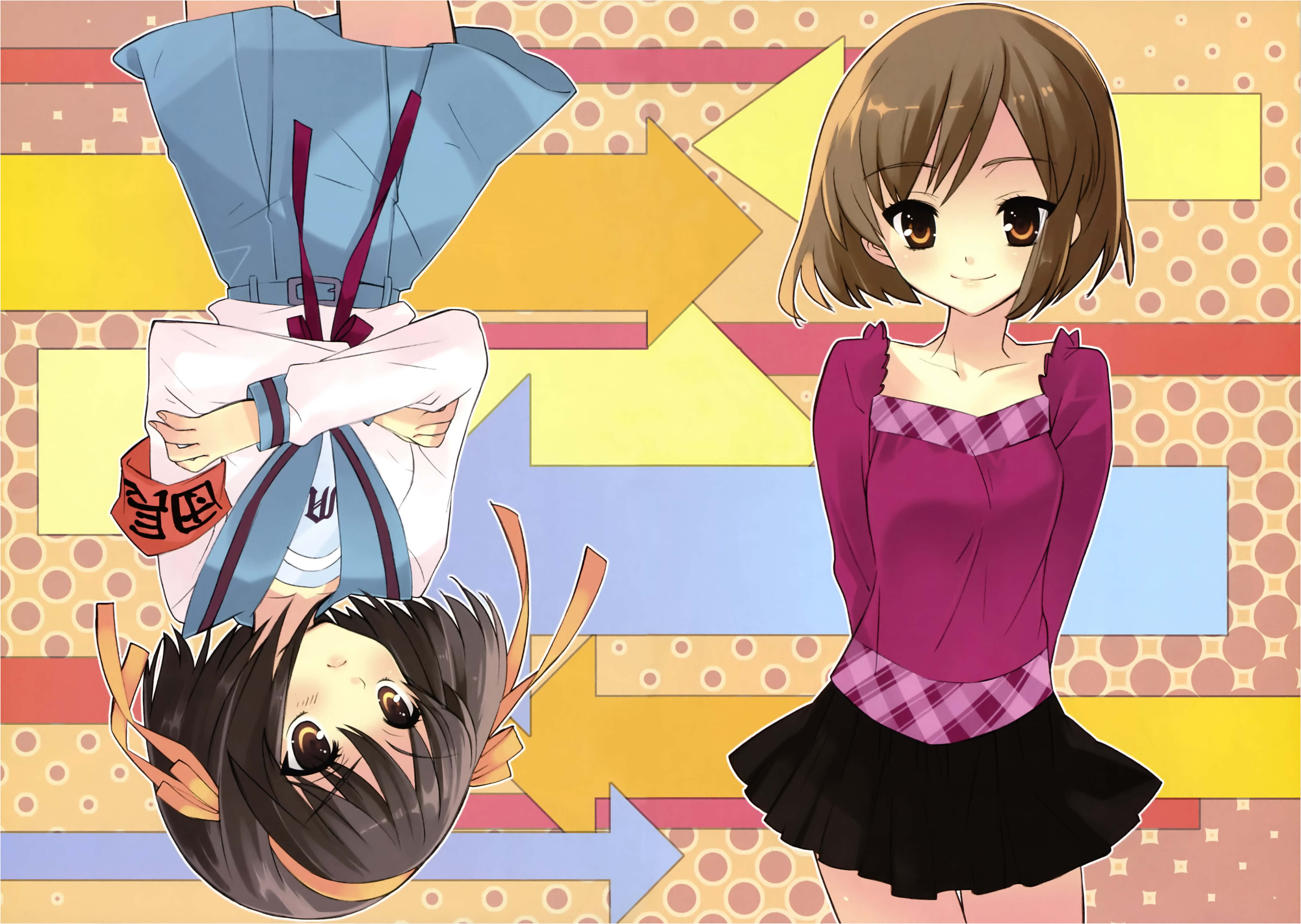 Haruhi Sasaki 桌布 壁紙 — 兩個動漫女孩，一個直立，另一個倒立，背景係色彩繽紛嘅幾何圖案同箭咀。