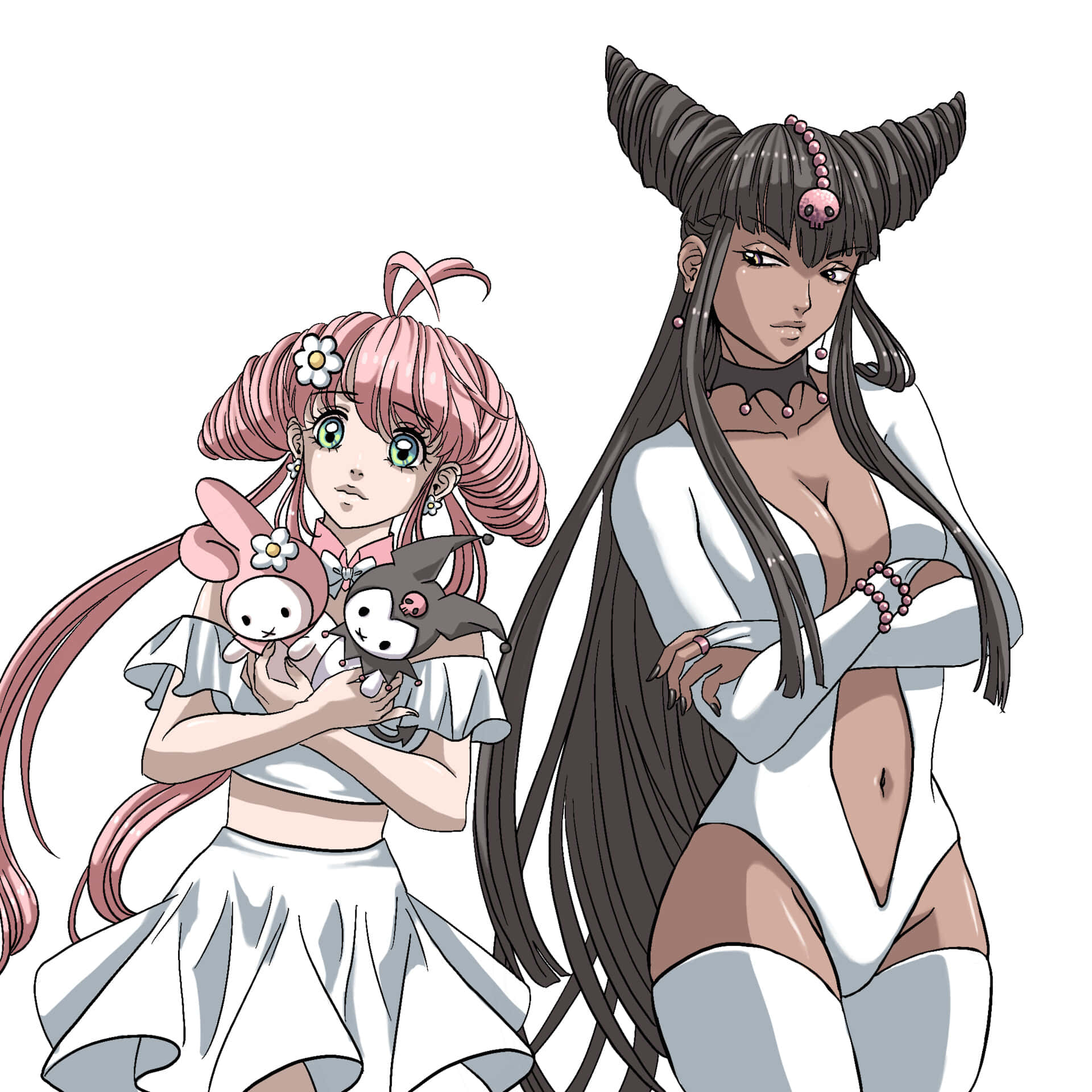 Kuromi Fanart 桌布 壁紙 — 兩個動漫女孩，一個粉紅色頭髮抱著毛絨玩具，另一個有深色角和白色服裝，站在白色背景前。