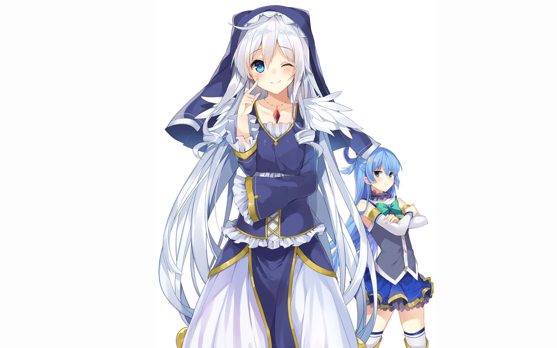 Konosuba God's Blessing On This Wonderful World 桌布 壁紙 — 兩個動漫女孩，一個長銀色頭髮穿著藍白連衣裙眨眼，另一個藍色頭髮站在她旁邊。