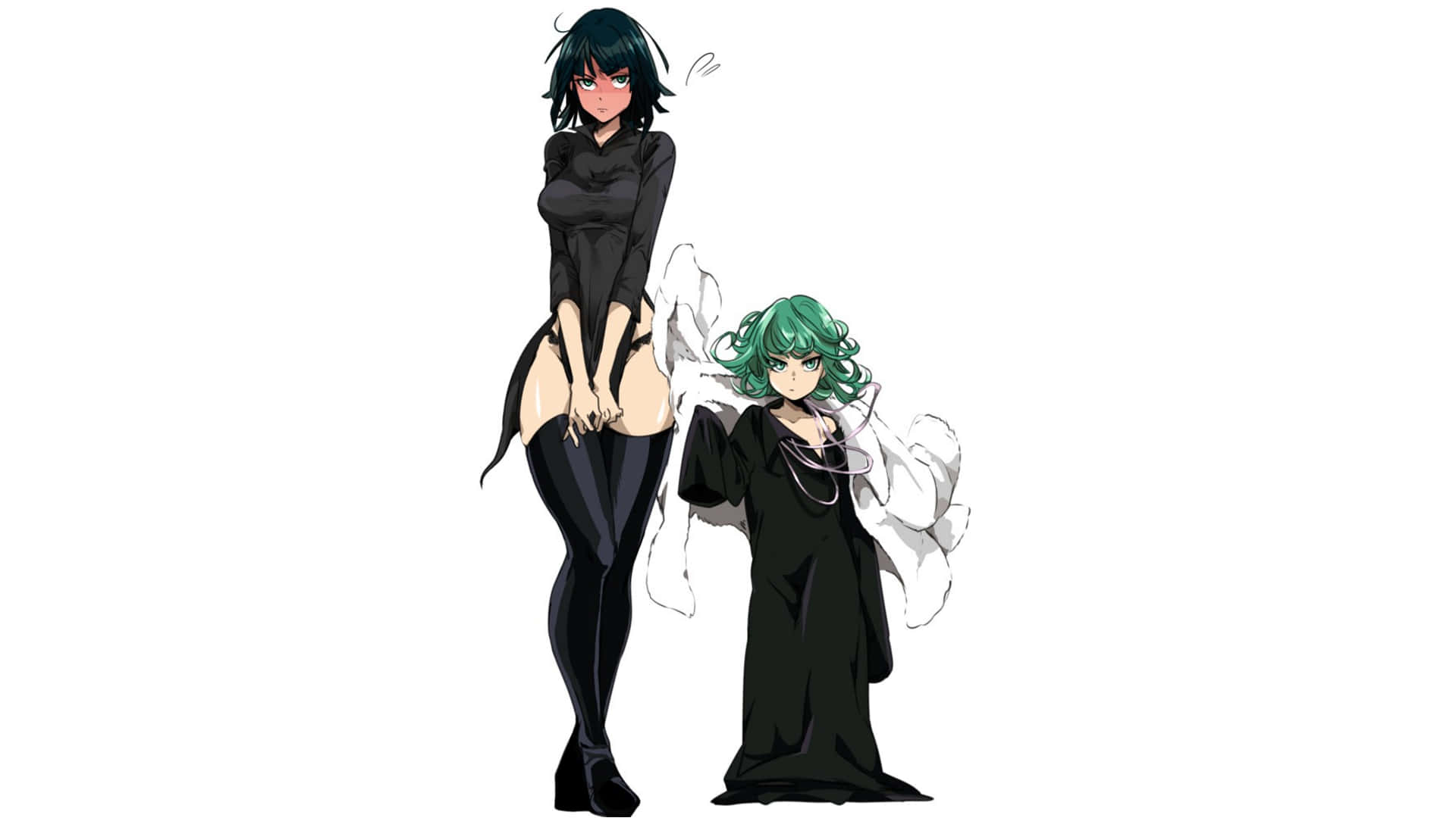Tatsumaki 桌布 壁紙 — 兩個動漫女孩，一個高個子穿著黑色服裝，短黑髮，一個矮個子穿著黑色長袍，綠髮，站在白色背景前。