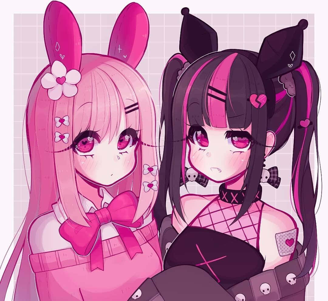 Kuromi Fanart 桌布 壁紙 — 兩個動漫女孩，一頭粉紅和黑色頭髮，戴著兔耳和貓耳，背景是網格。