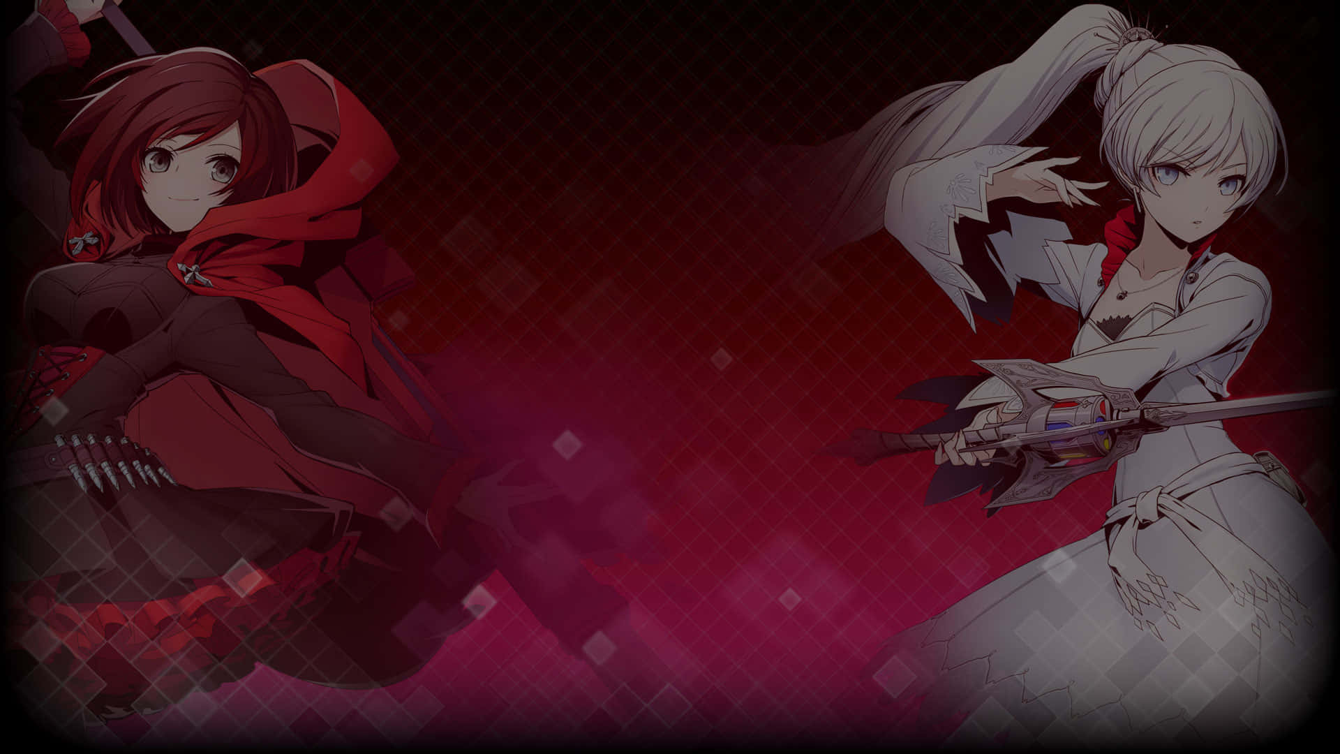 Ruby 桌布 壁紙 — 兩個動漫女孩以戰鬥姿態面對面，背景為深紅色幾何圖案。