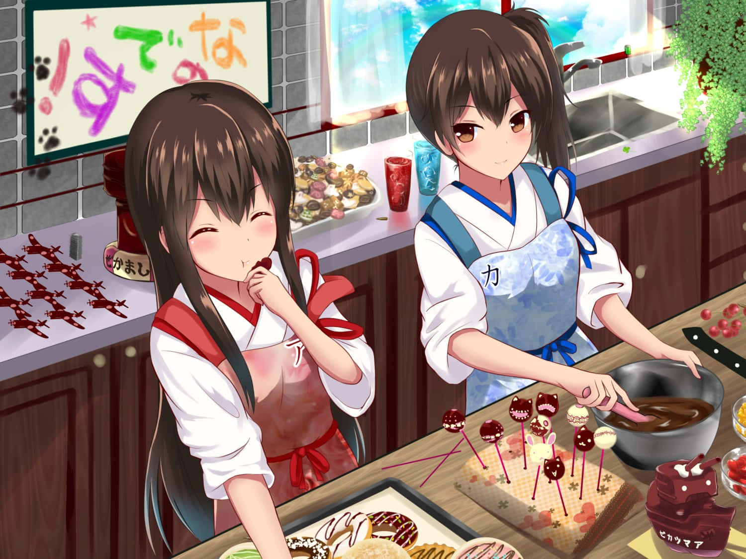 Kantai Collection 桌布 壁紙 — 兩個動漫女孩在廚房裡開心製作和品嚐色彩繽紛的糖果，配上朱古力和裝飾。