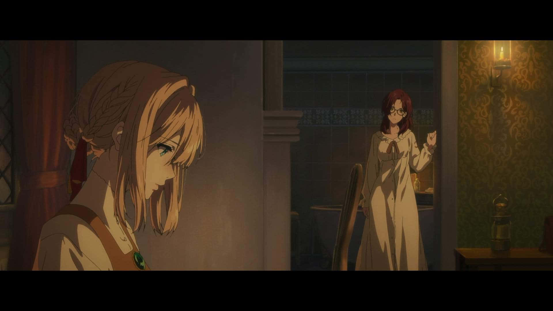 Isabella York 桌布 壁紙 — 兩個動漫女孩在昏暗的房間裡，一個辮子頭髮的女孩低頭看著，另一個穿著睡衣的女孩向她做手勢。