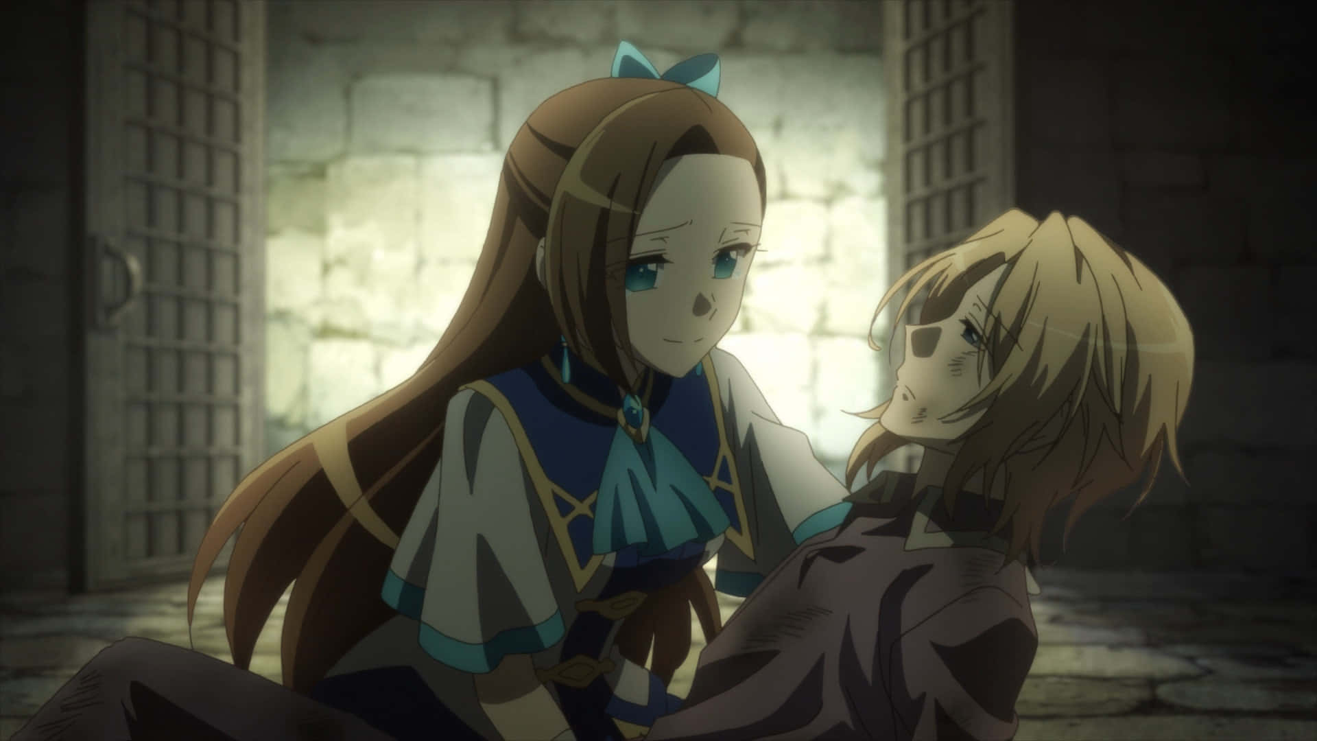 My Next Life As A Villainess All Routes Lead To Doom 桌布 壁紙 — 兩個動漫女孩在昏暗的石室中，在柔和背光下共享寧靜時刻。