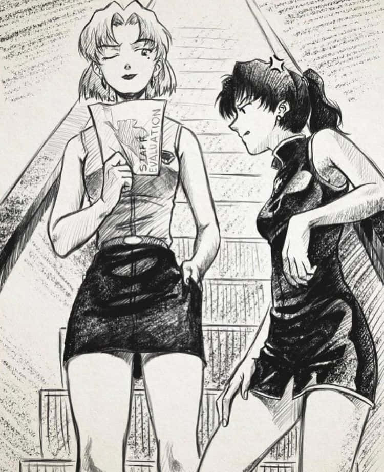 Ritsuko Akagi 桌布 壁紙 — 兩個動漫女孩在樓梯間，一個拿著員工評估文件，另一個靠在牆上。