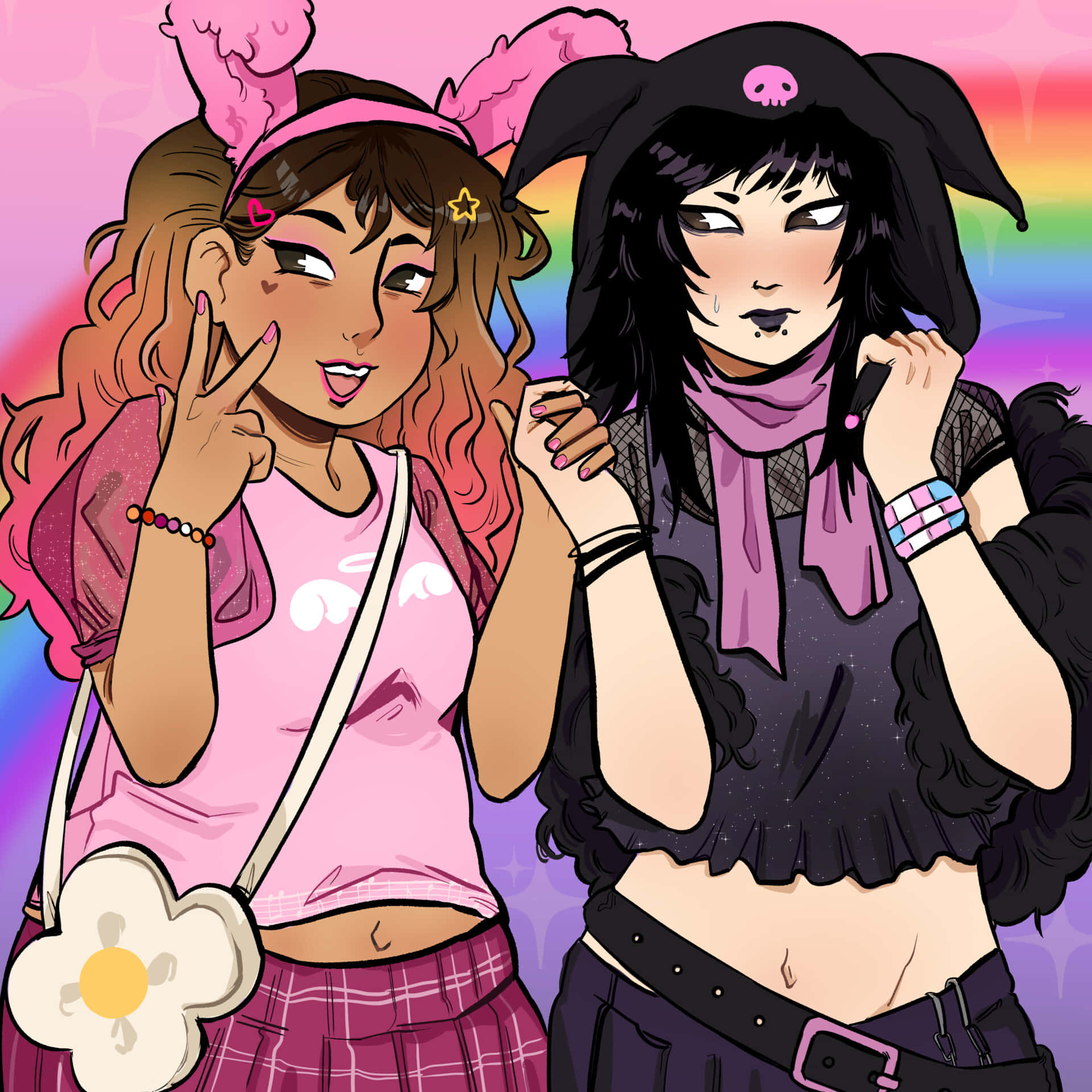 Kuromi Fanart 桌布 壁紙 — 兩個動漫女孩戴著粉紅色和黑色的兔耳，在彩虹漸變背景前開心地擺姿勢。