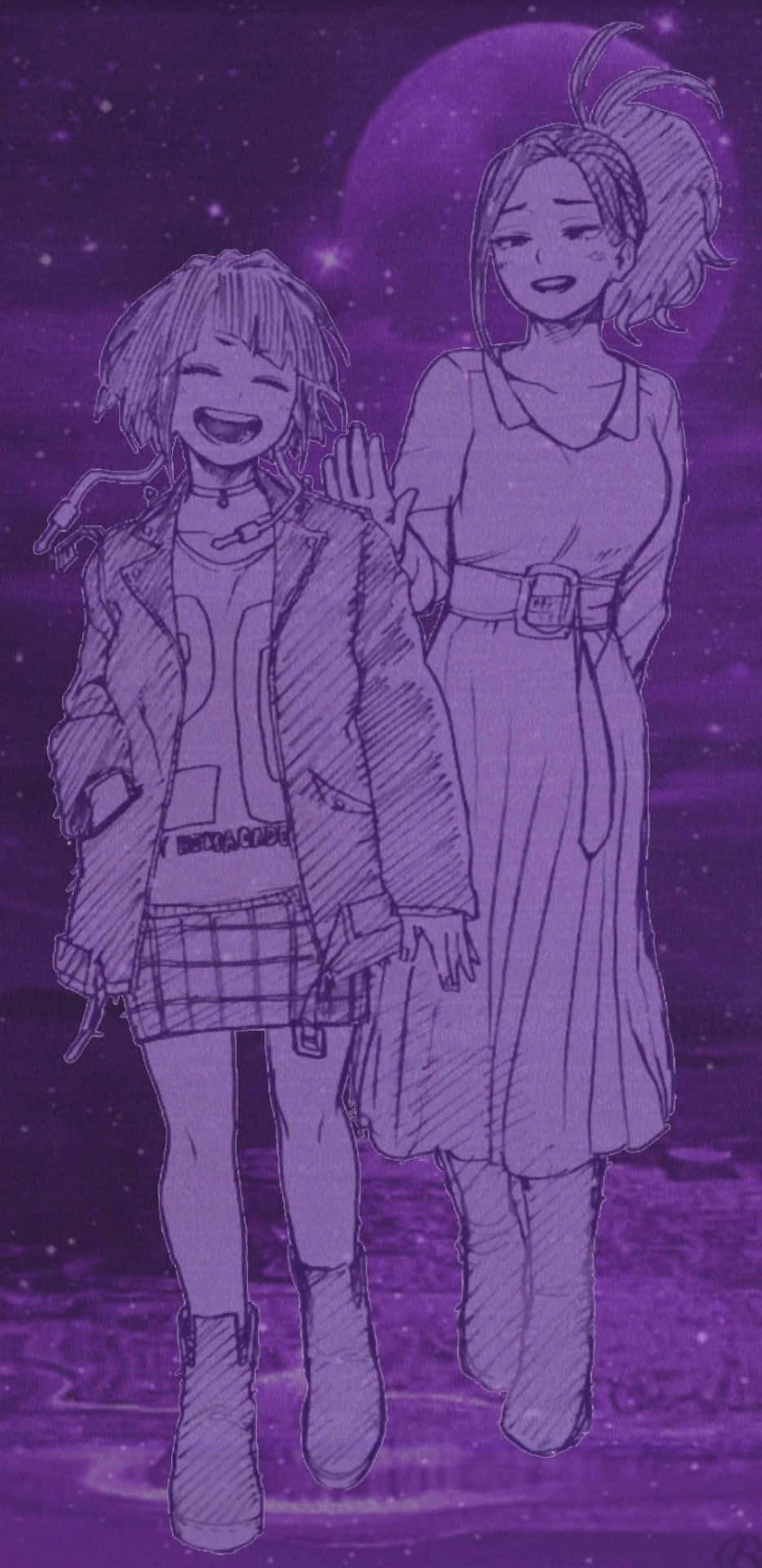 Kyoka Jiro 桌布 壁紙 — 兩個動漫女孩手牽手走在紫色星空下，身後有一輪巨大的月亮。