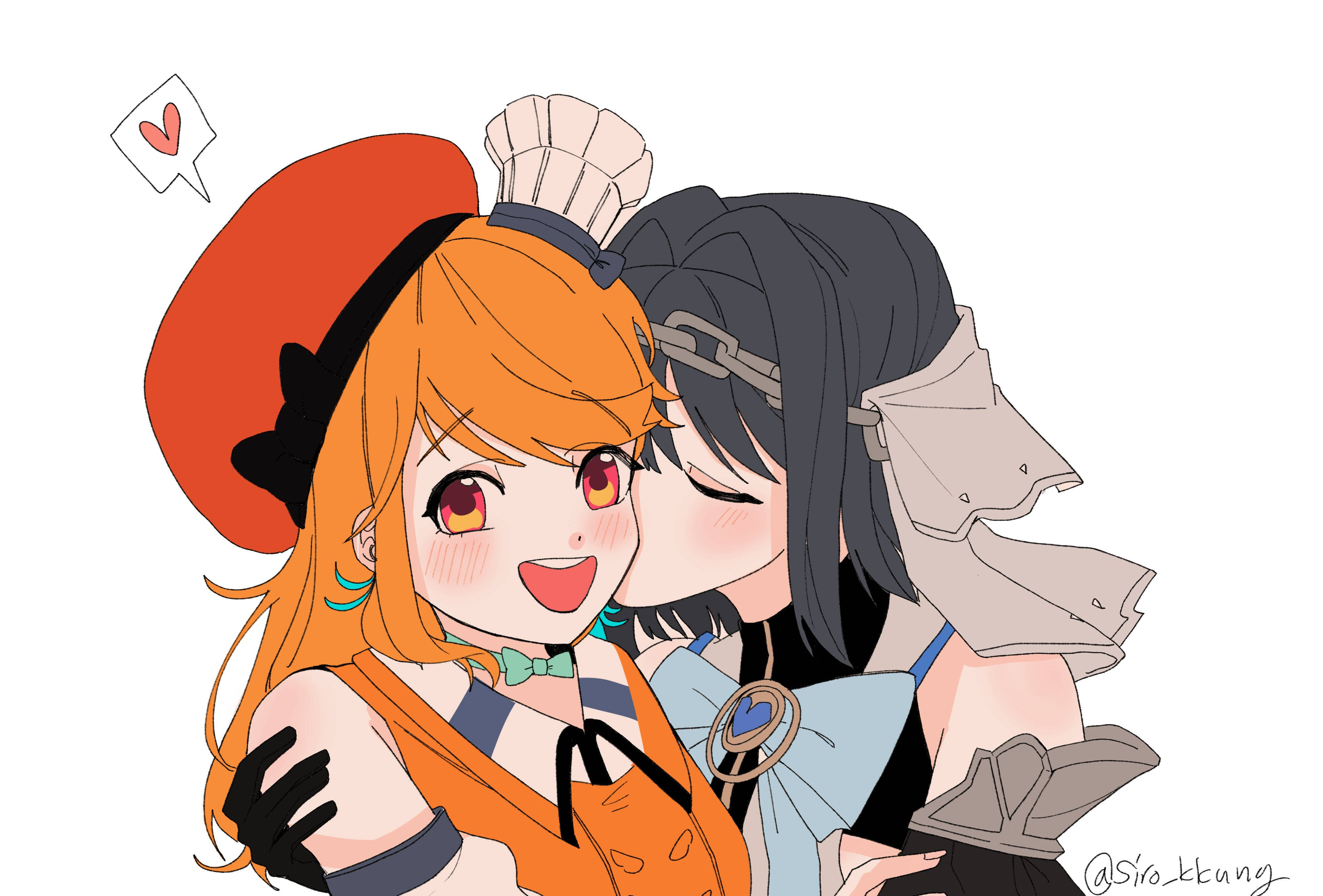 Hololive Takakronii Girls Kissing 壁紙 — 兩個動漫女孩熱情擁抱，一個戴橙色廚師帽，另一個穿灰色盔甲，附近有一顆漂浮的心。