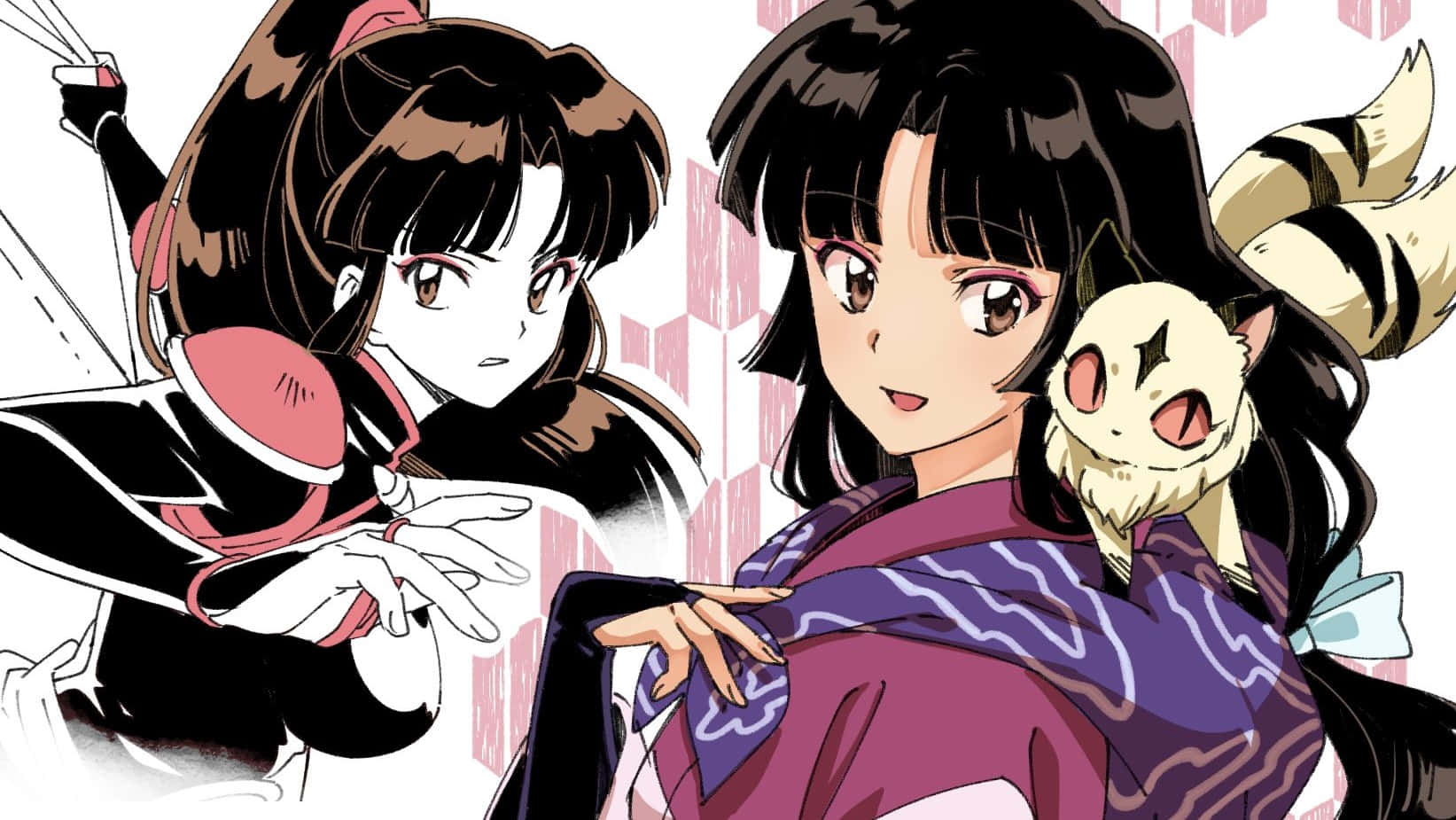 Inuyasha Nekomata 桌布 壁紙 — 兩個動漫女孩穿著傳統日本服飾，一個拿著劍，另一個帶著狐妖同伴，背景是粉紅色幾何圖案。