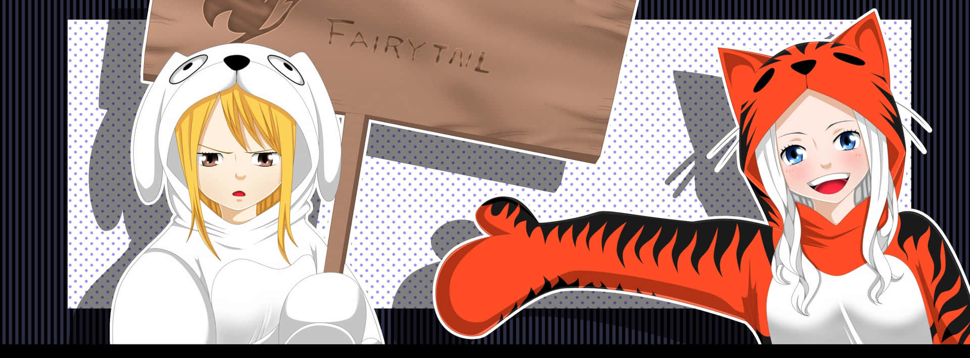 Mirajane Strauss 桌布 壁紙 — 兩個動漫女孩穿著動物連帽衫，其中一個舉著寫有 FAIRY TAIL 的牌子，背景是條紋。