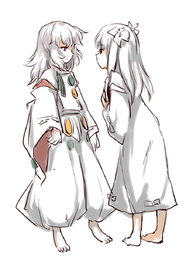 Hakudoshi 桌布 壁紙 — 兩個動漫女孩穿著飄逸的白色長袍，赤腳面對面站立，以柔和的素描風格和柔和的色彩呈現。