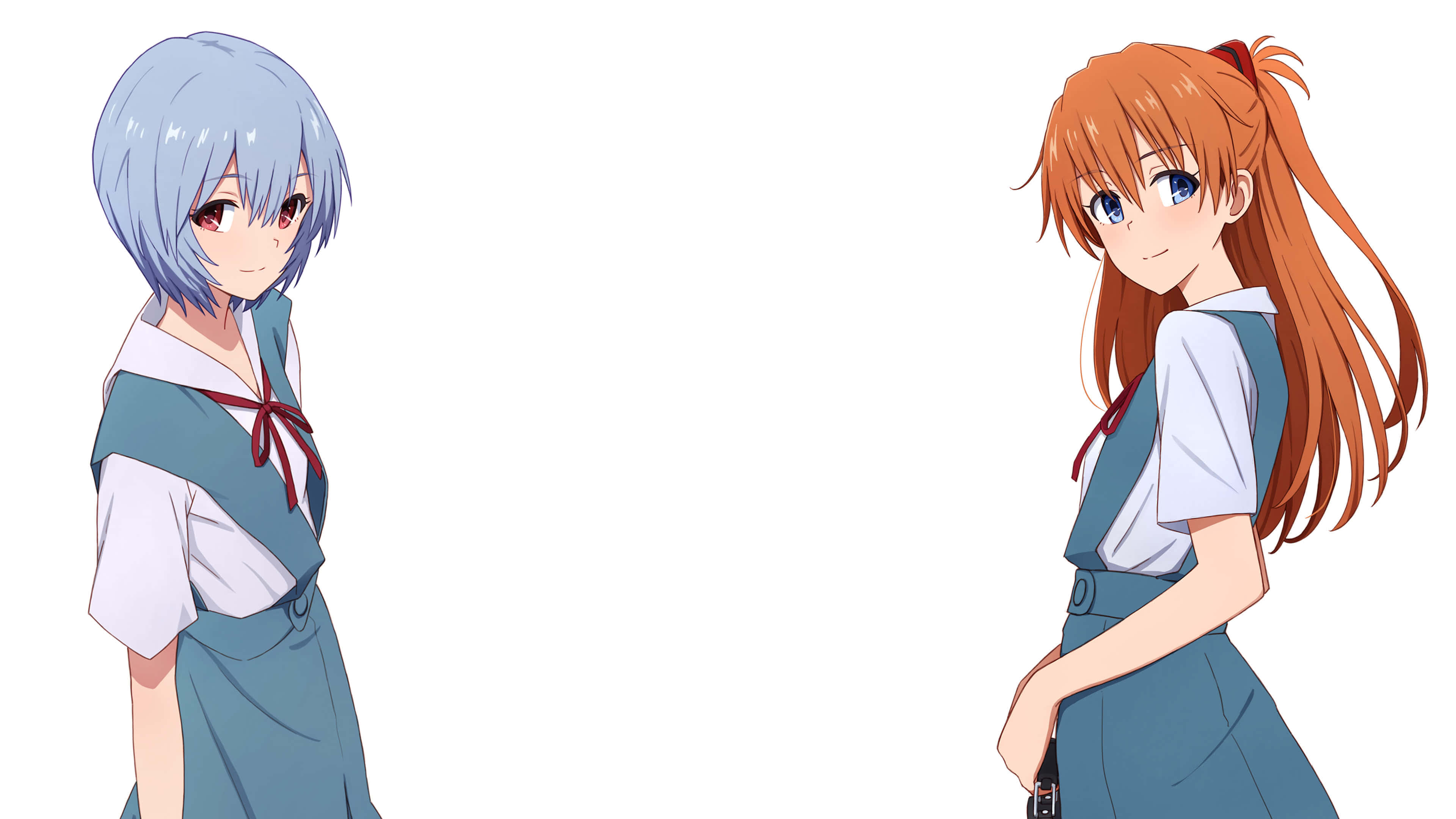 rei ayanami 桌布 壁紙 — 兩個動漫女學生穿著校服，在純白色背景前相對而立，一個藍色頭髮，另一個橙色頭髮。