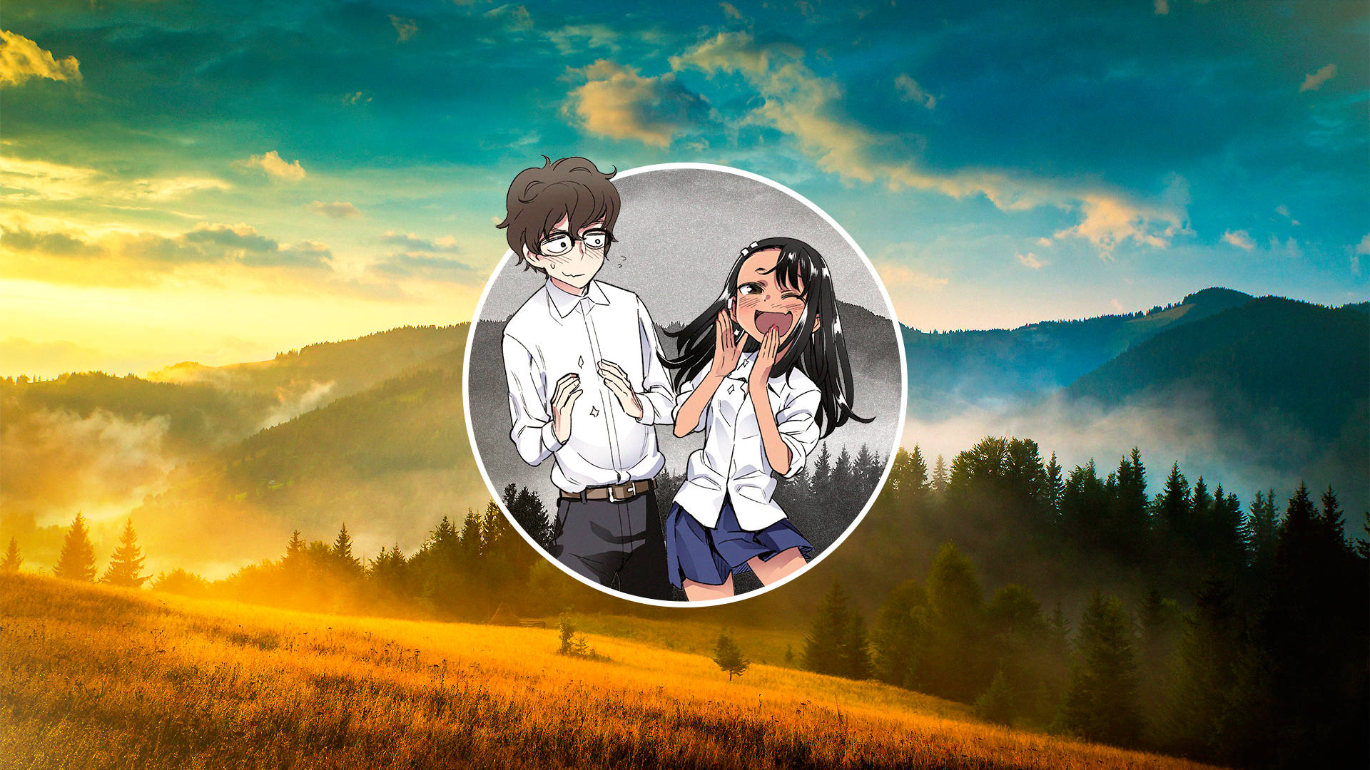 Nagatoro 桌布 壁紙 — 兩個動漫學生在圓形框架中，對著霧氣瀰漫的山間草地上金色日出表現出驚訝。