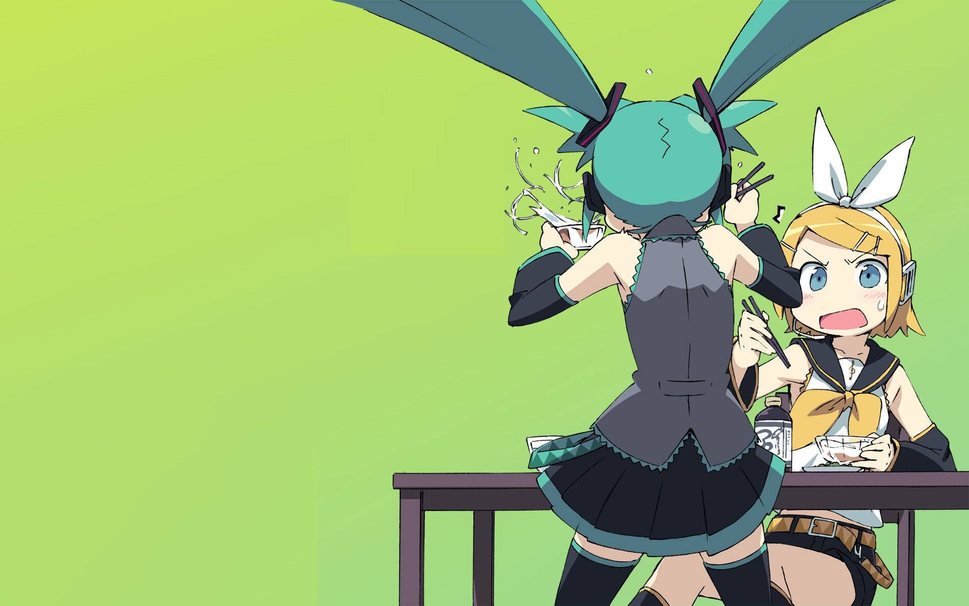 兩個動漫少女坐在桌旁 壁紙