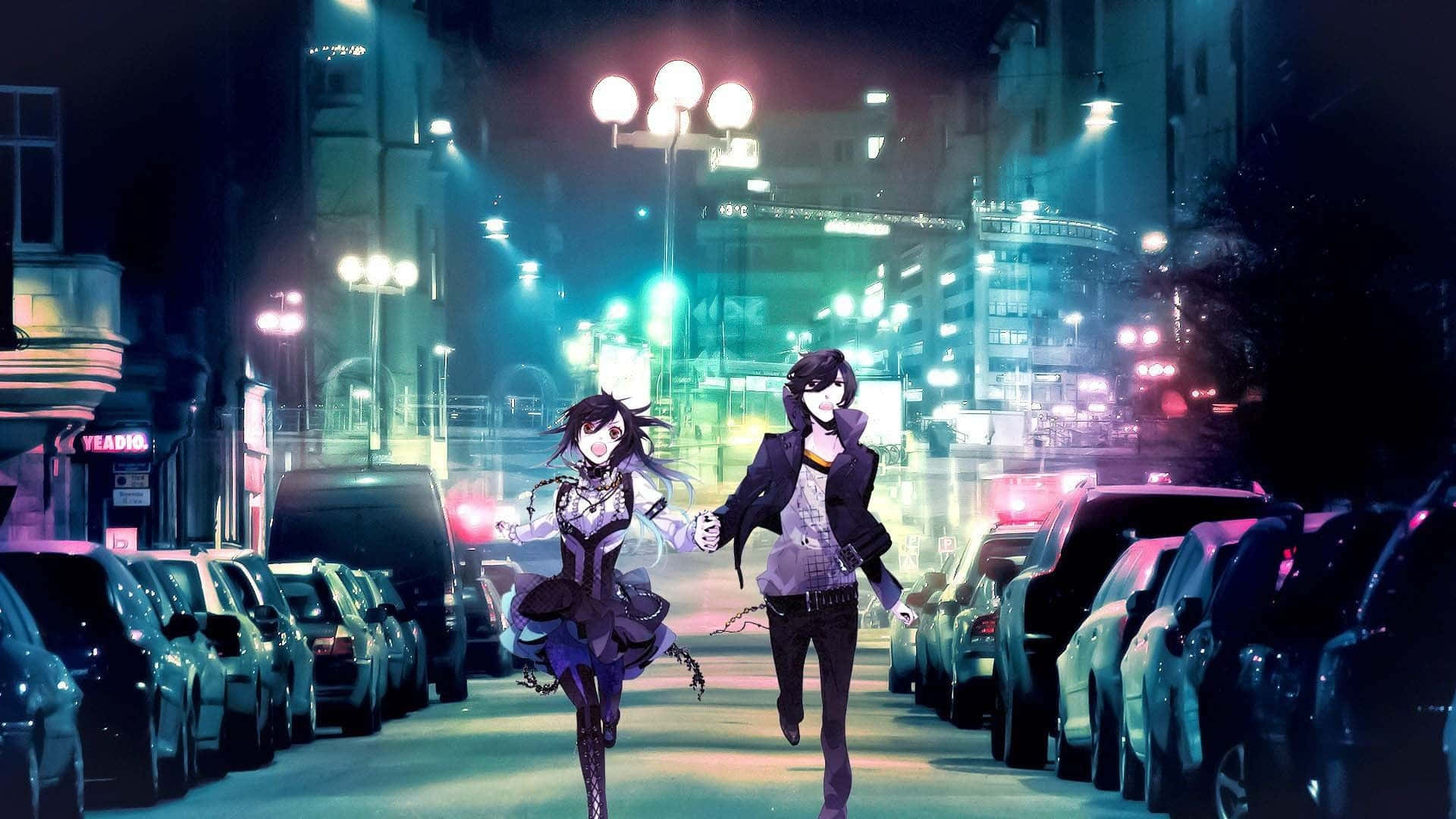 兩個動漫少女夜晚在街上漫步 壁紙
