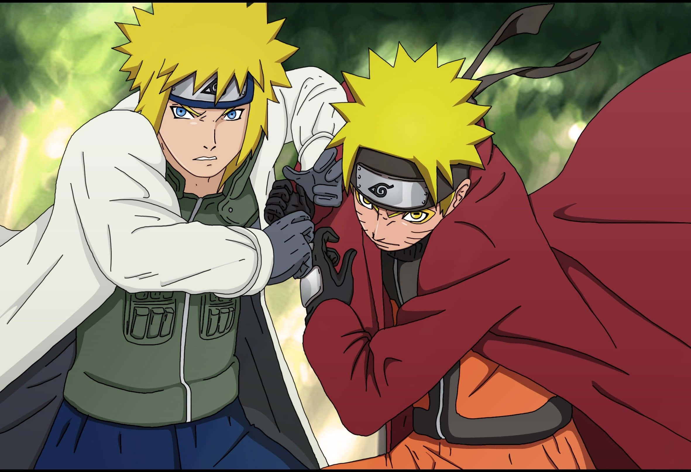 Fourth Hokage 桌布 壁紙 — 兩個動漫忍者，擁有尖刺的黃色頭髮，在發光的綠色背景前以動態戰鬥姿勢交鋒。