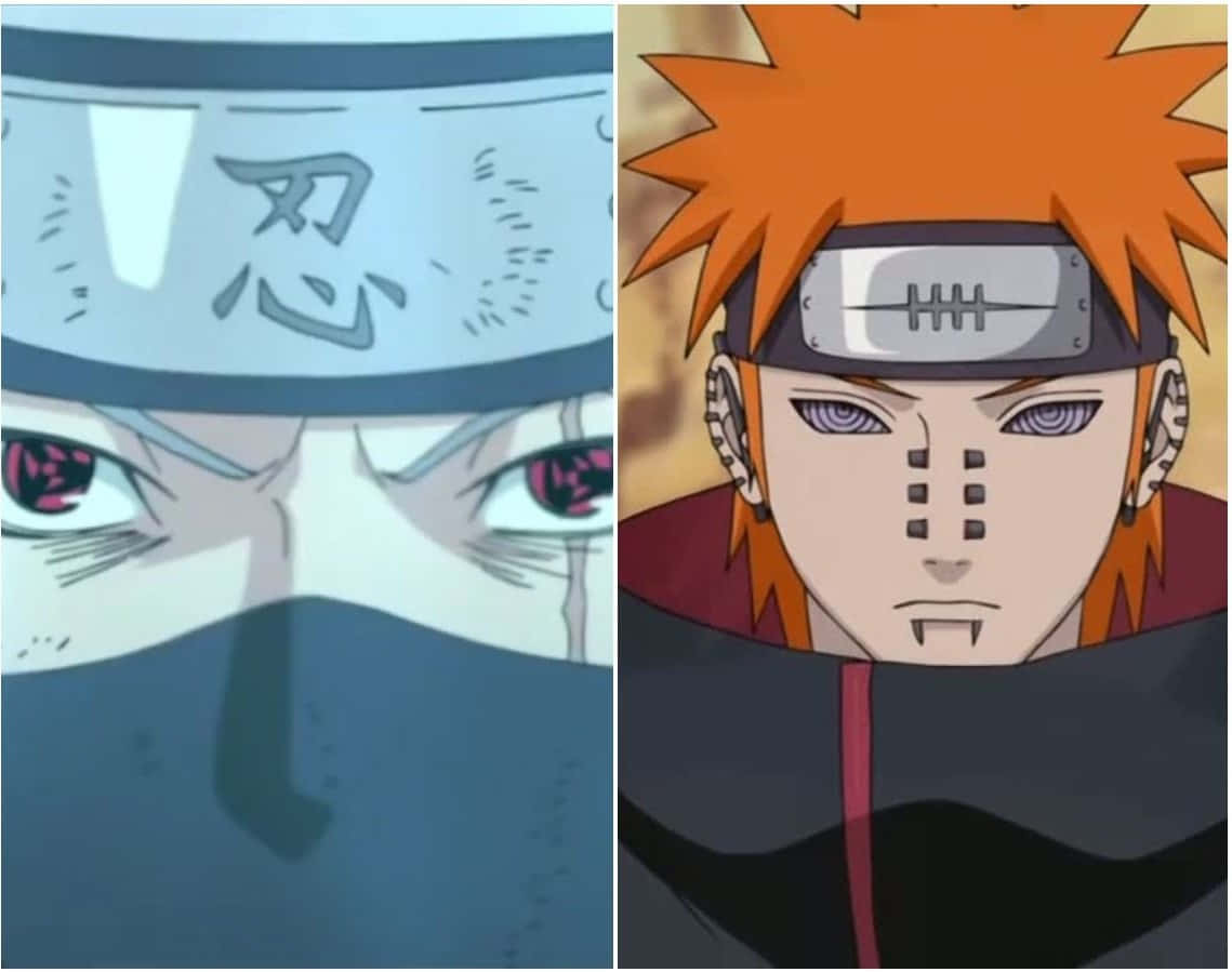 Kakashi And Pain 桌布 壁紙 — 兩個動漫忍者，眼神銳利，戴著頭帶，一個戴著面具，另一個有尖刺的橙色頭髮和面部標記。