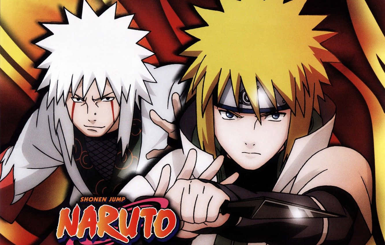 Fourth Hokage 桌布 壁紙 — 兩個動漫忍者，頭髮尖刺，表情堅定，以動態姿勢站在火熱背景前。