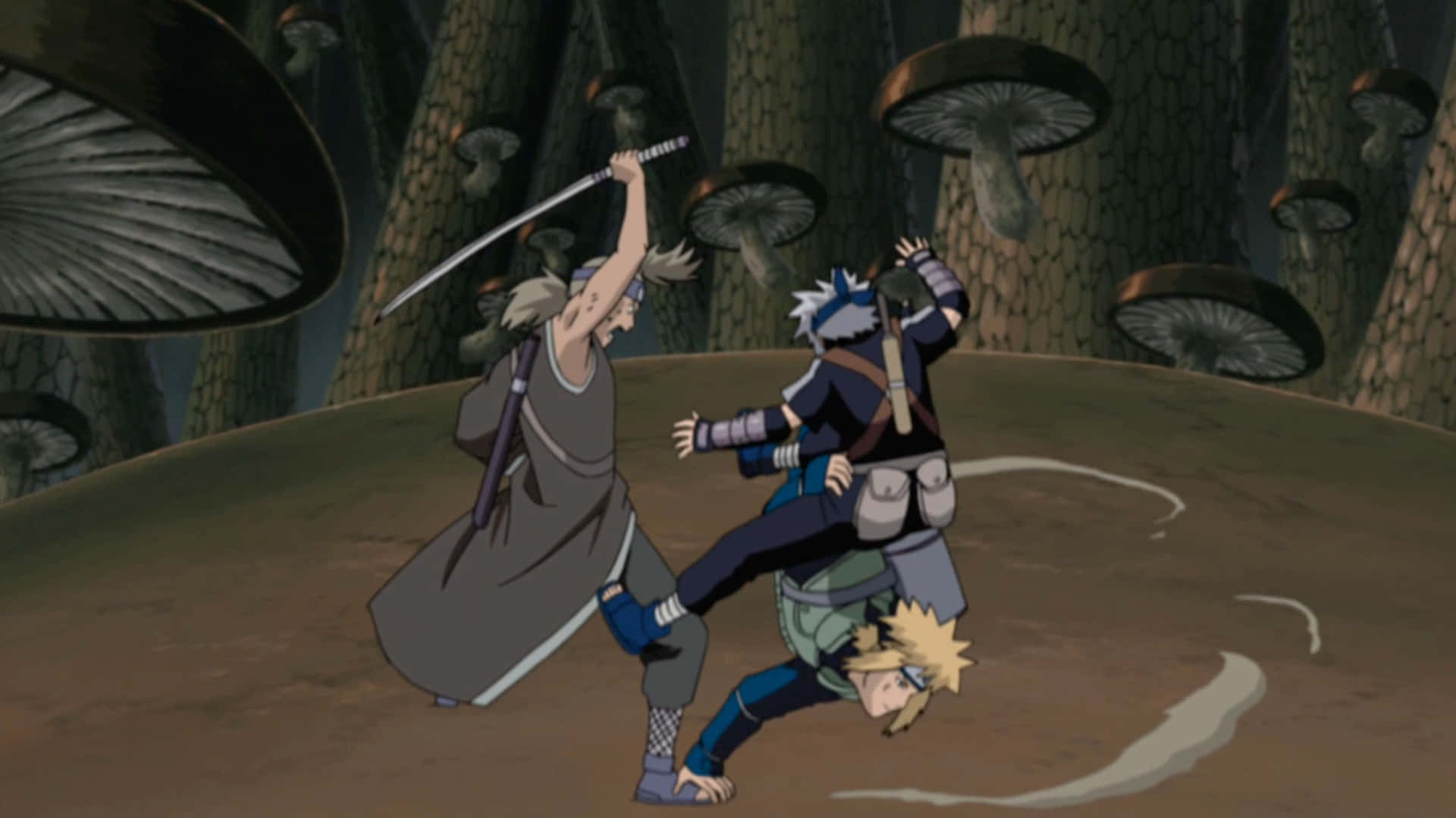 Kakashi And Minato 桌布 壁紙 — 兩個動漫忍者喺巨型蘑菇之間嘅森林空地戰鬥，帶有動態動作線條。
