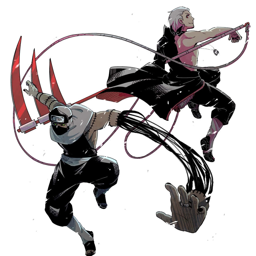 Akatsuki Kakuzu 桌布 壁紙 — 兩個動漫忍者喺空中用紅色鐮刀同黑色繩索碰撞，背景係純白色。