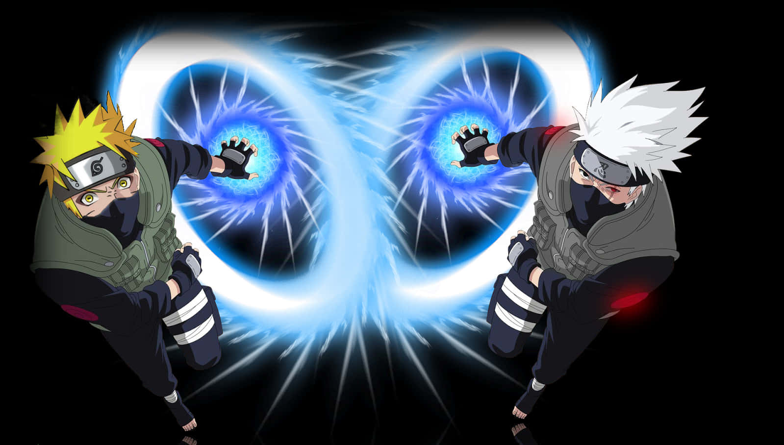 Kakashi And Naruto 桌布 壁紙 — 兩個動漫忍者喺黑暗背景中，用發光嘅藍色查克拉球體碰撞。