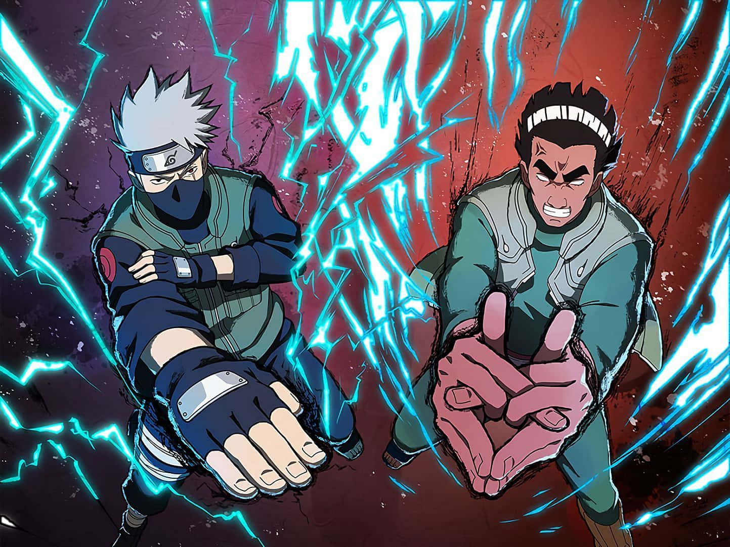 Akatsuki Kakashi 桌布 壁紙 — 兩個動漫忍者在一片深紅和紫色背景中碰撞，之間有噼啪作響的藍色閃電。