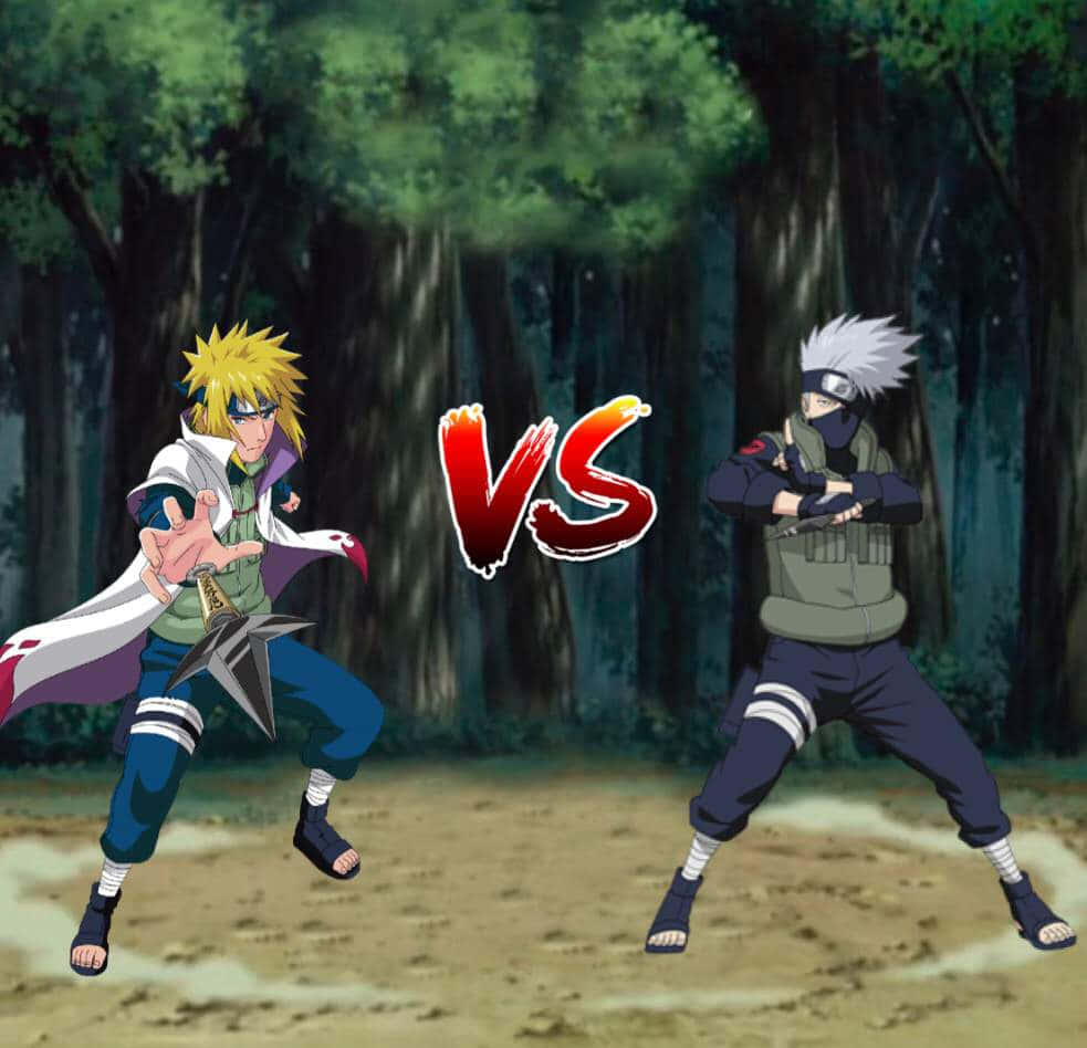 Kakashi And Minato 桌布 壁紙 — 兩個動漫忍者戰士在森林中對峙，中間有一個火焰般的VS圖案。