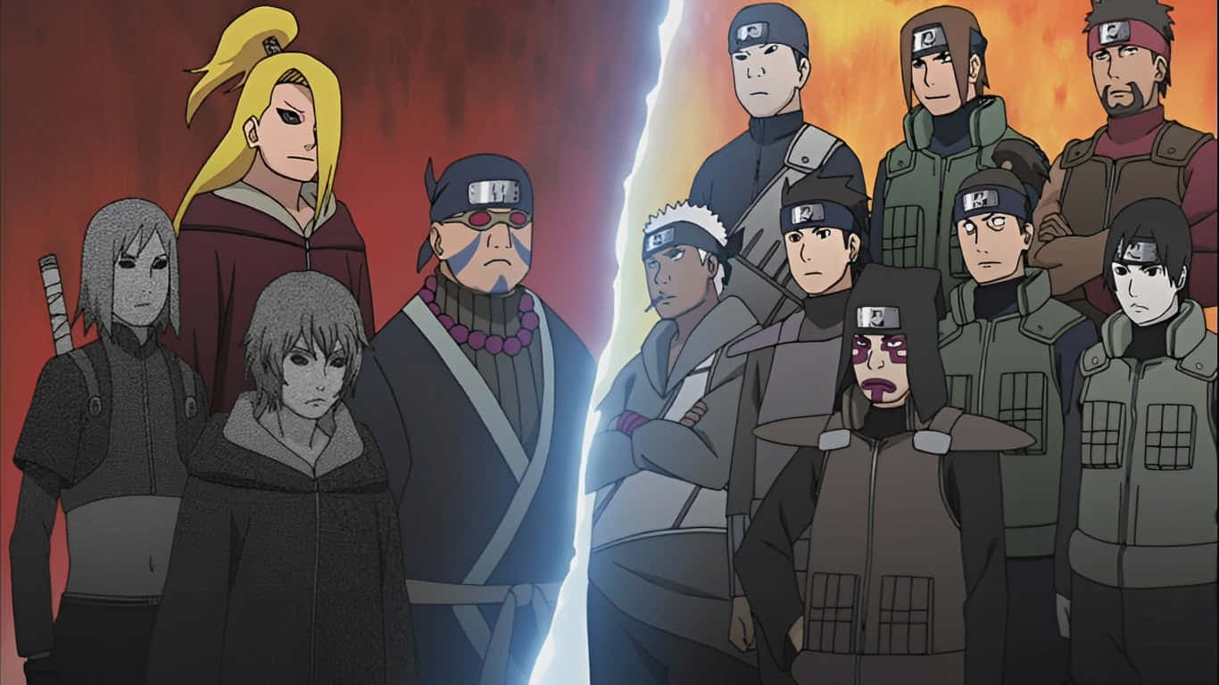 Ninja World 桌布 壁紙 — 兩個動漫忍者派系在熾熱的紅色和橙色背景下，被一道發光的垂直分界線分隔，形成緊張的對峙。