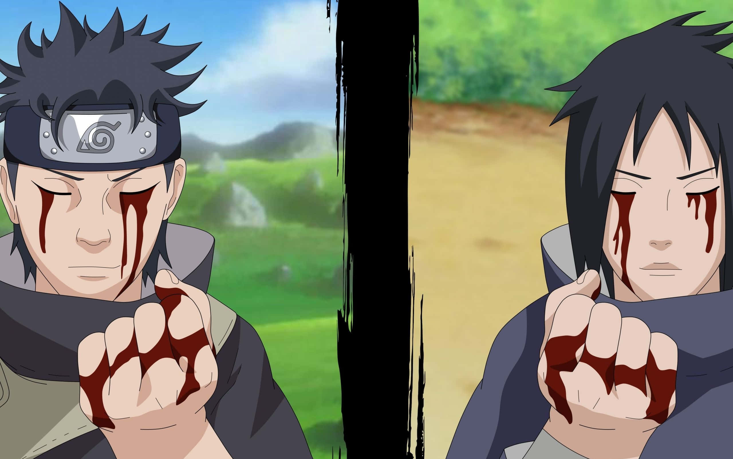 Izuna Uchiha 桌布 壁紙 — 兩個動漫忍者角色，眼睛流血，緊握的拳頭沾滿鮮血，站在一條黑暗垂直分割線的兩側。