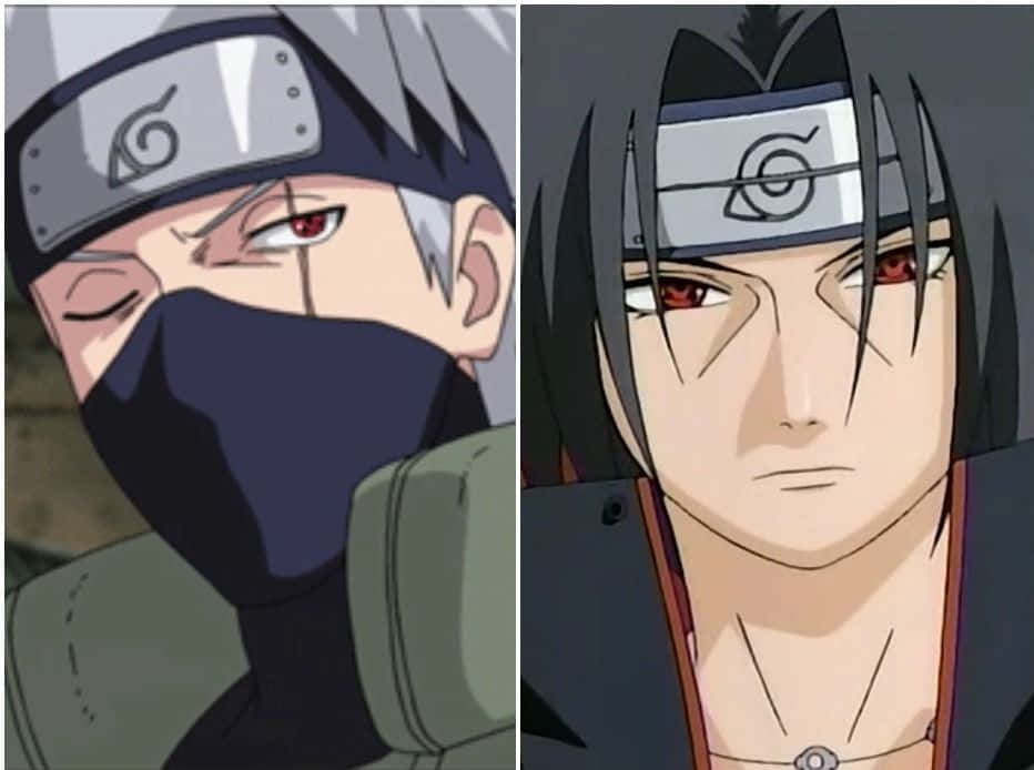 Kakashi And Itachi 桌布 壁紙 — 兩個動漫忍者角色，紅眼睛，戴頭帶，一個戴面具，一個沒戴面具，表情嚴肅。