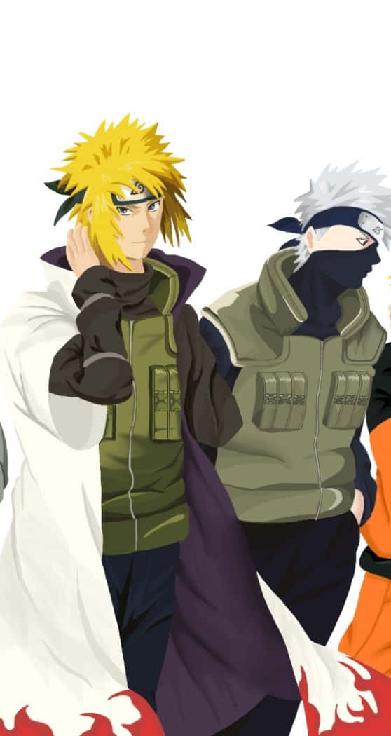 Kakashi And Minato 桌布 壁紙 — 兩個動漫忍者角色並肩站立，一個有尖刺的黃色頭髮和白色斗篷，另一個有白色頭髮和黑色面具。