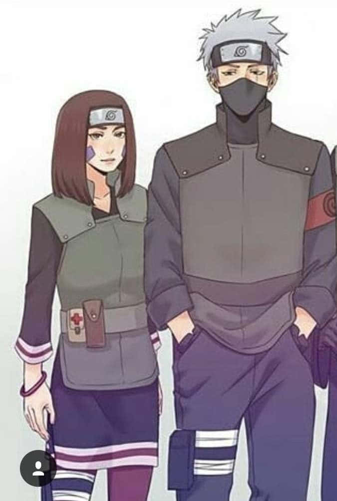 Kakashi And Rin 桌布 壁紙 — 兩個動漫忍者角色全副武裝並肩站立，一個戴著面具、頭髮尖刺，另一個留著短棕髮、帶著醫療包。