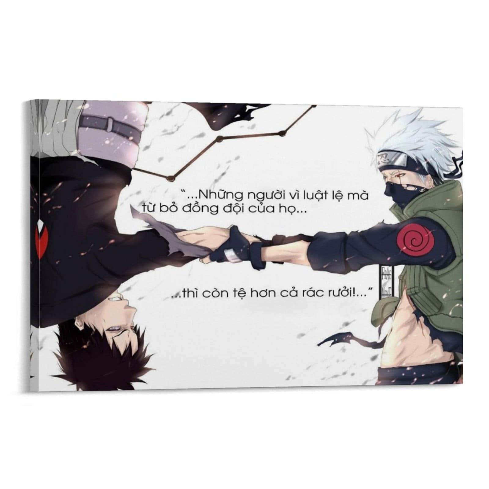 Kakashi Quotes 桌布 壁紙 — 兩個動漫忍者角色在雪景背景下戲劇性地對峙，雙手緊握，並帶有越南文字疊加。