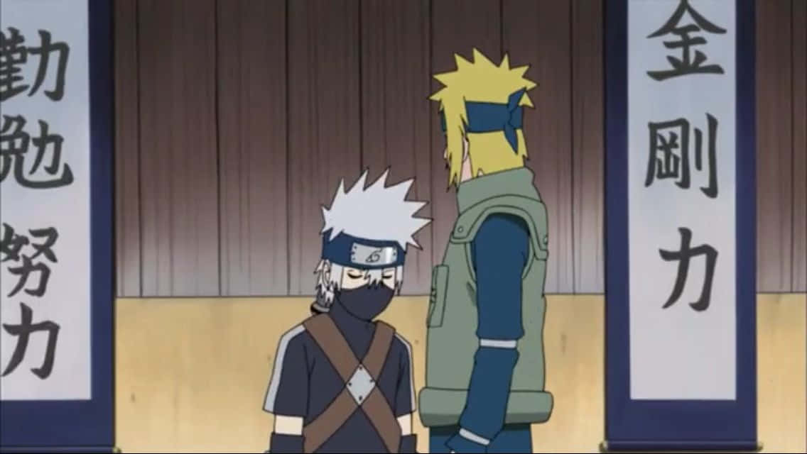 Kakashi And Minato 桌布 壁紙 — 兩個動漫忍者角色站在一個木製道場中，兩側掛有日本書法橫幅。