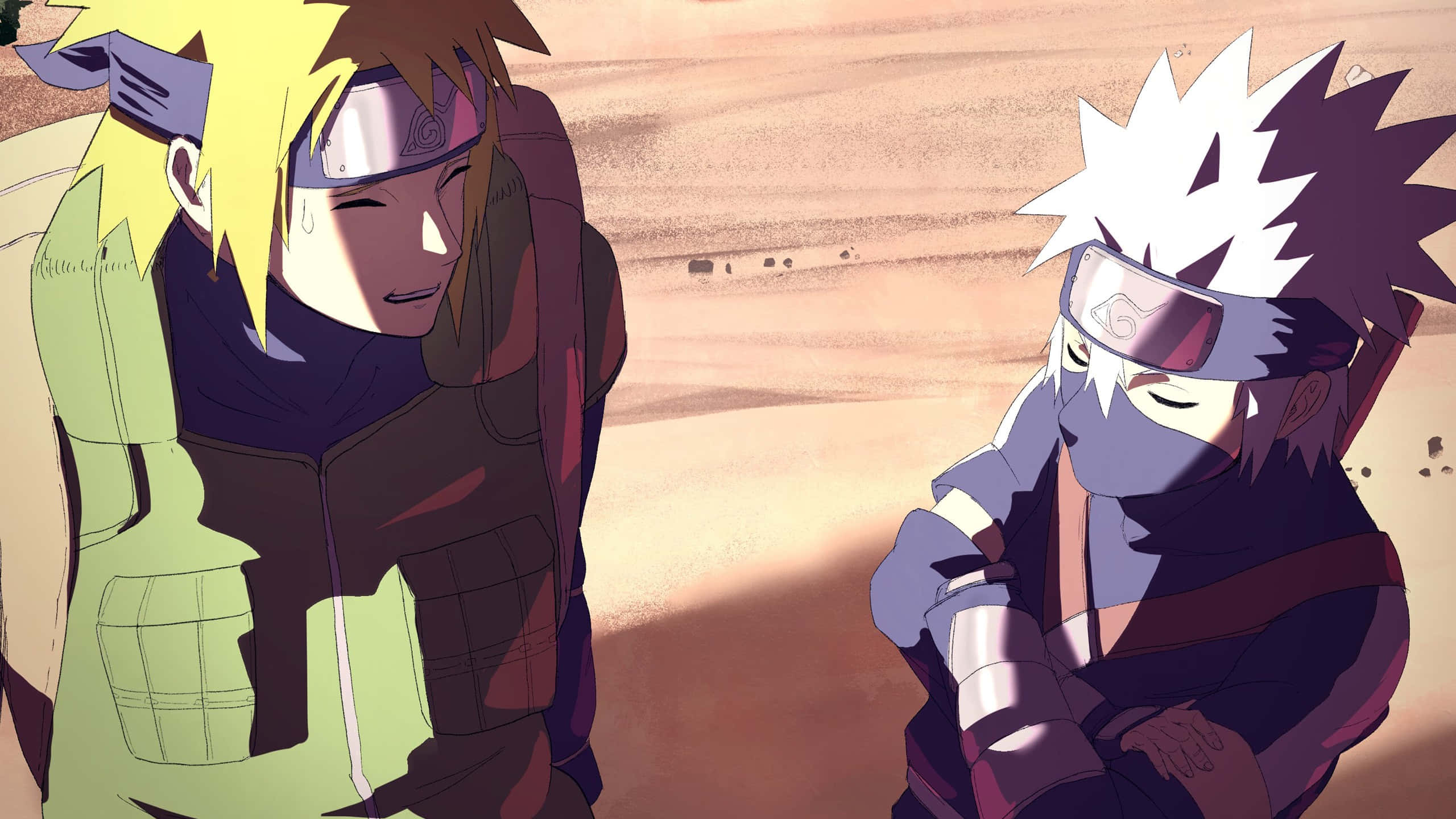 Kakashi And Minato 桌布 壁紙 — 兩個動漫忍者角色站在沙漠中，溫暖的陽光下，沙丘在他們身後延伸。