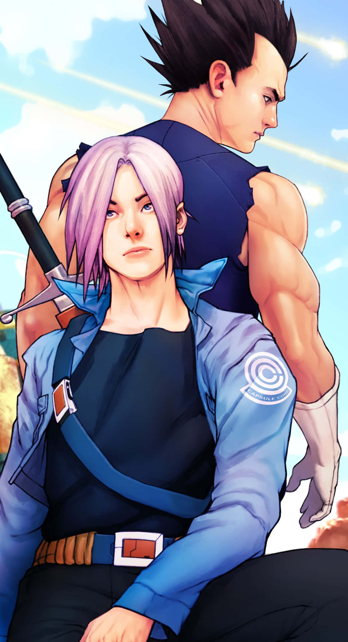 Vegeta And Trunks 桌布 壁紙 — 兩個動漫戰士，一個有紫色頭髮和劍，另一個肌肉發達、頭髮尖刺，站在明亮的天空下。