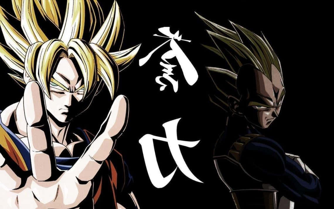 比達 桌布 壁紙 — 兩個動漫戰士，頭髮尖刺，在黑色背景上對峙，中間有白色漢字。