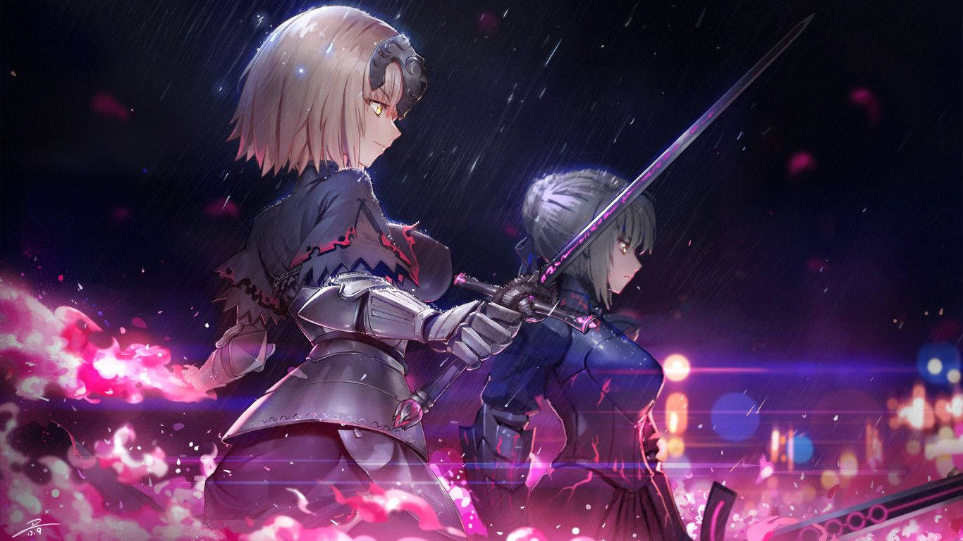 Jeanne d'Arc Alter Of Fate 壁紙 — 兩個動漫戰士在一個雨夜中碰撞，背景是發光的粉紅色能量和城市燈光。