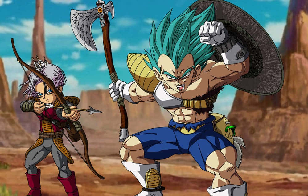 Vegeta And Trunks 桌布 壁紙 — 兩個動漫戰士在沙漠峽谷中戰鬥，一個拿著斧頭和盾牌，另一個拿著弓箭。