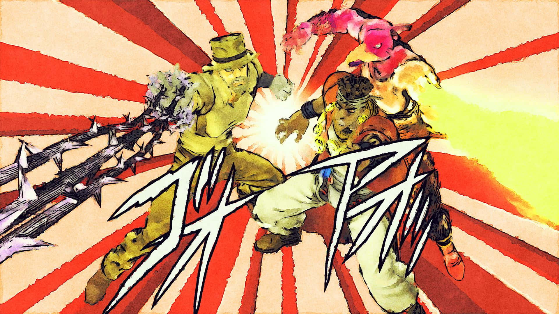 joseph joestar 桌布 壁紙 — 兩個動漫戰士在紅白放射背景前展開動感戰鬥，伴隨爆炸性能量特效。