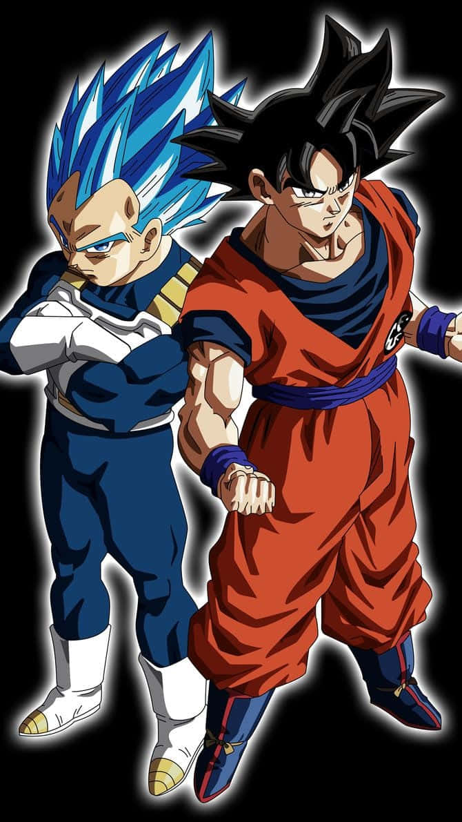 Vegeta And Goku 桌布 壁紙 — 兩個動漫戰士擺出戰鬥姿勢，一個有藍色尖刺頭髮和白色盔甲，另一個有黑色頭髮和橙色道服，背景為黑色。