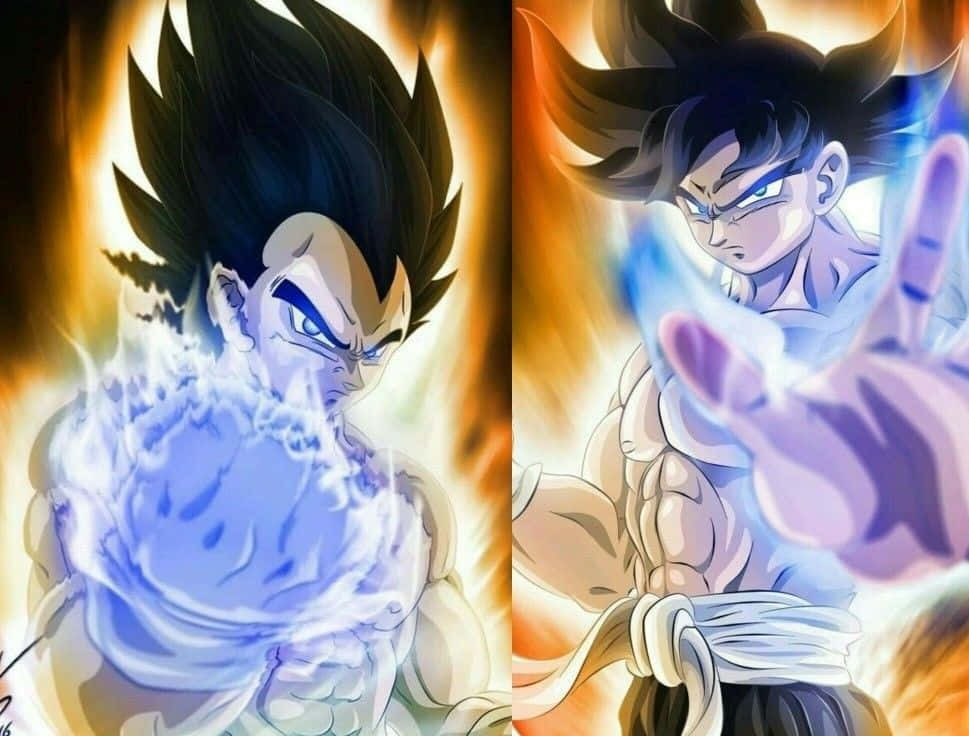 Vegeta And Goku 桌布 壁紙 — 兩個動漫戰士處於激烈戰鬥姿態，被熾熱的橙色和發光的藍色能量效果包圍。